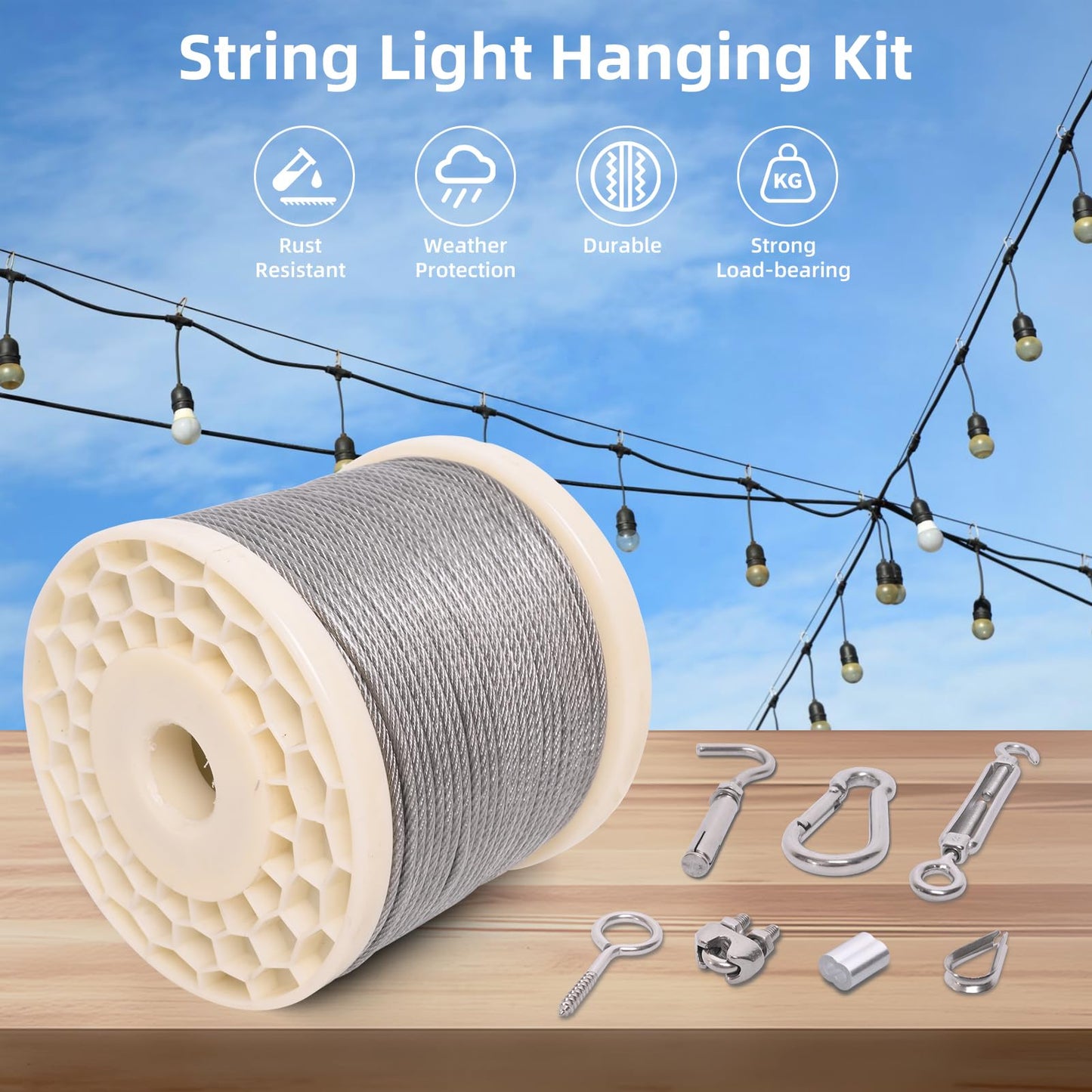 300FT 1/8" Wire Rope Kit, Vinyl Coated 304 Stainless Steel Wire Cable, 7x7 Strands 920LBS Breaking Strength, M5 Turnbuckle, String Light Hanging Kit for Outdoor, Garden, Clothesline