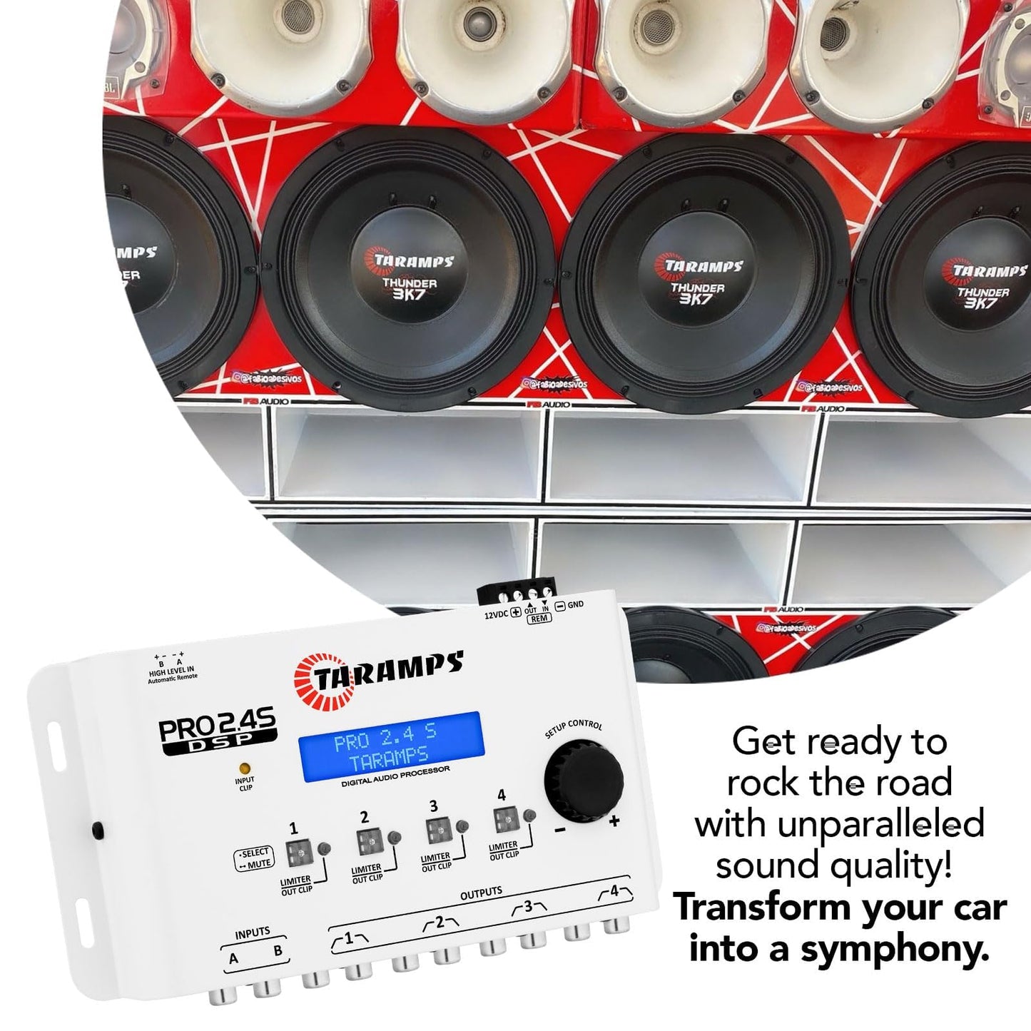 Taramps DSP Pro 2.4S White Crossover Full Digital Signal Car Audio Processor and Equalizer with Sequencer 15-Band Graphic Equalization 12 preset EQ, Remote Signal, Alignment, 2 Channel in and 4 Out