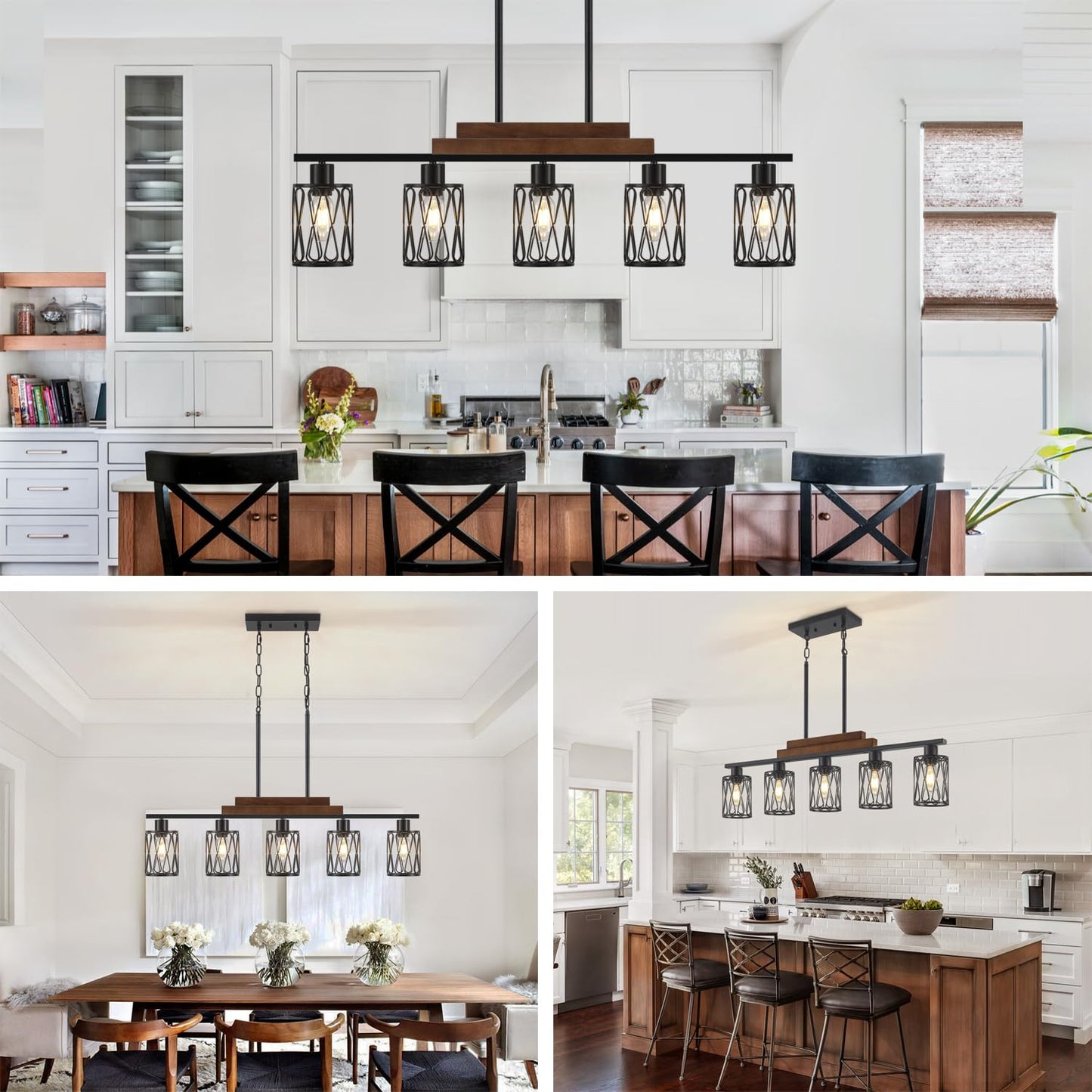 36.61'' Dining Room Light Fixtures Over Table,5-Light Farmhouse Kitchen Island Lighting Hanging with Metal Shade,Matte Black Rustic Wood Linear Pendant Island Light Fixtures for Dining Room Kitchen