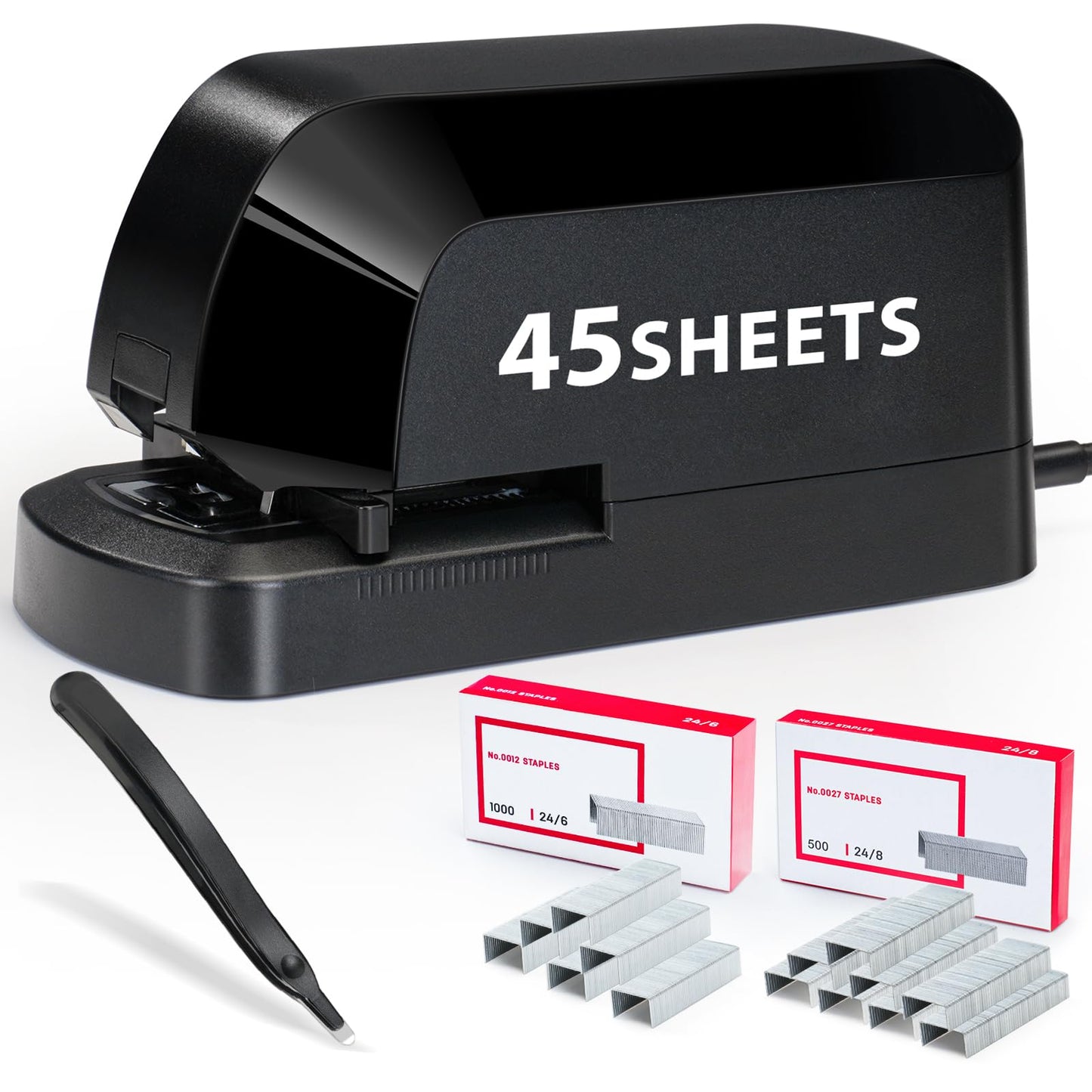 Electric Stapler for Desk Value Pack, 45 Sheet Capacity, Includes 1500 Staples & Staple Remover, No-Jam, Faster Stapling, AC Adapter Powered, Black