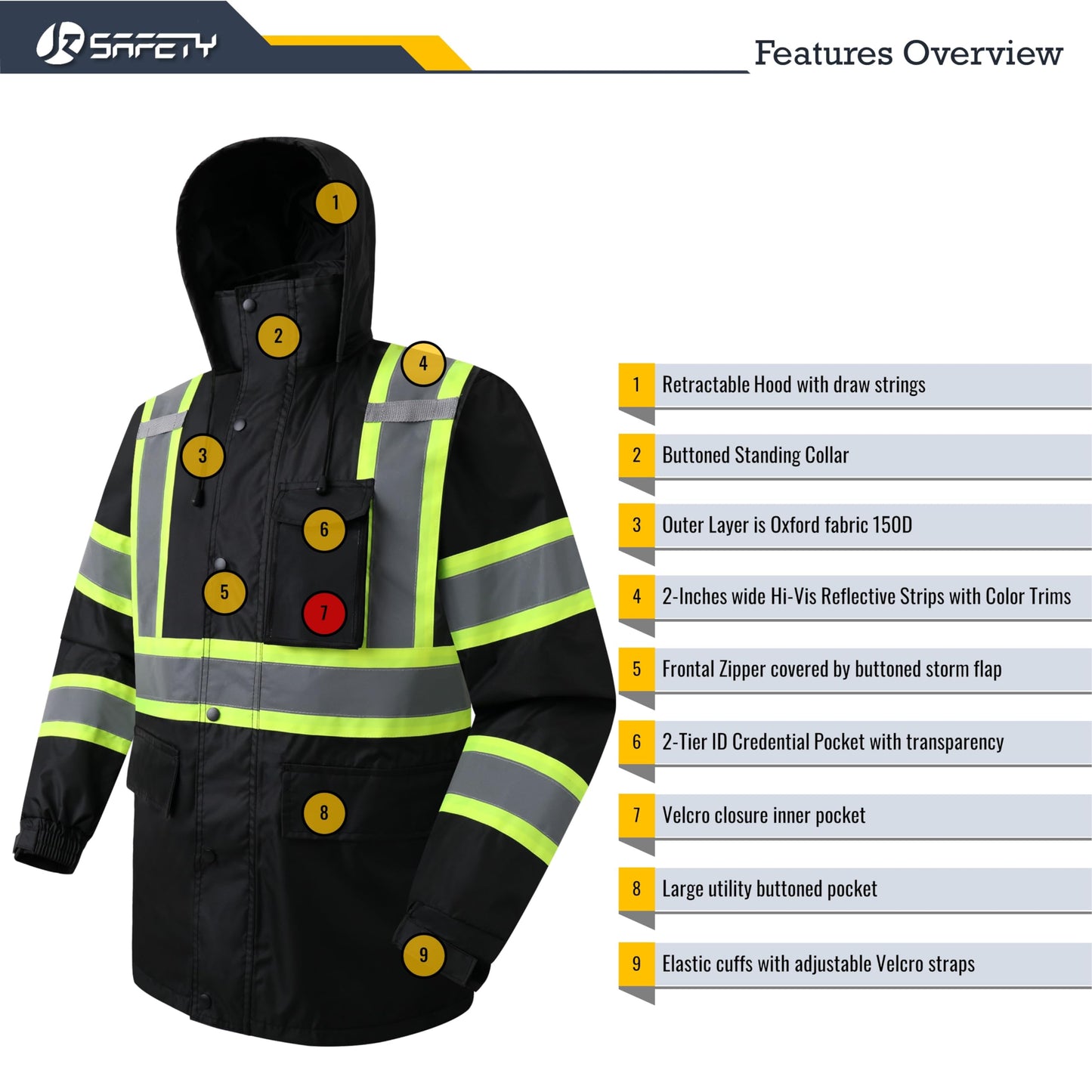 JKSafety Hi-Vis Reflective Safety Rain Jacket and Pants for Men Women Waterproof Rain Gears for Farming Fishing Work HV Rain Suit with Inner Mesh Lining and Pockets (117-Black XL)