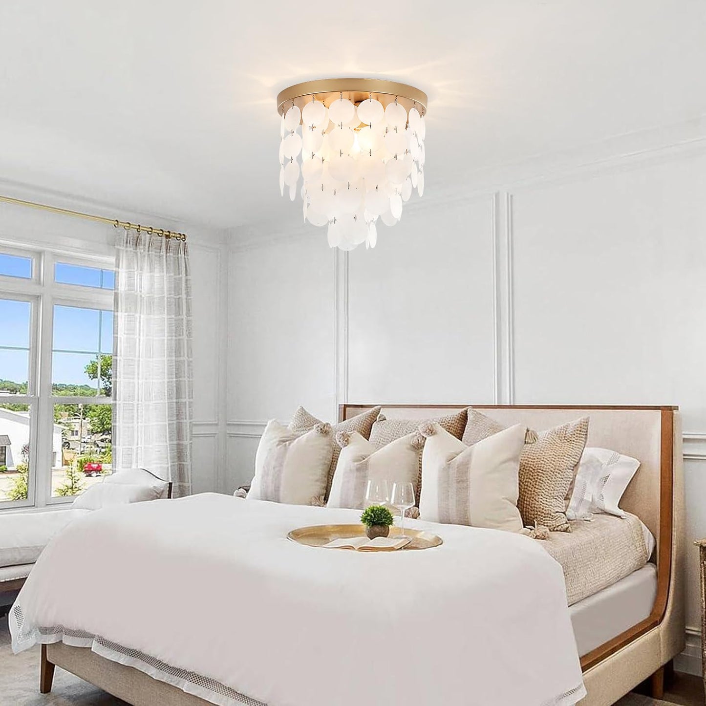 PUZHI HOME 11.8 Inch Gold Flush Mount Ceiling Light Fixture with Natural Capiz Shells, Dimmable 3-Light Modern Coastal Lighting for Bedroom, Living Room, Kitchen, Dining Room, Hallway, Closet