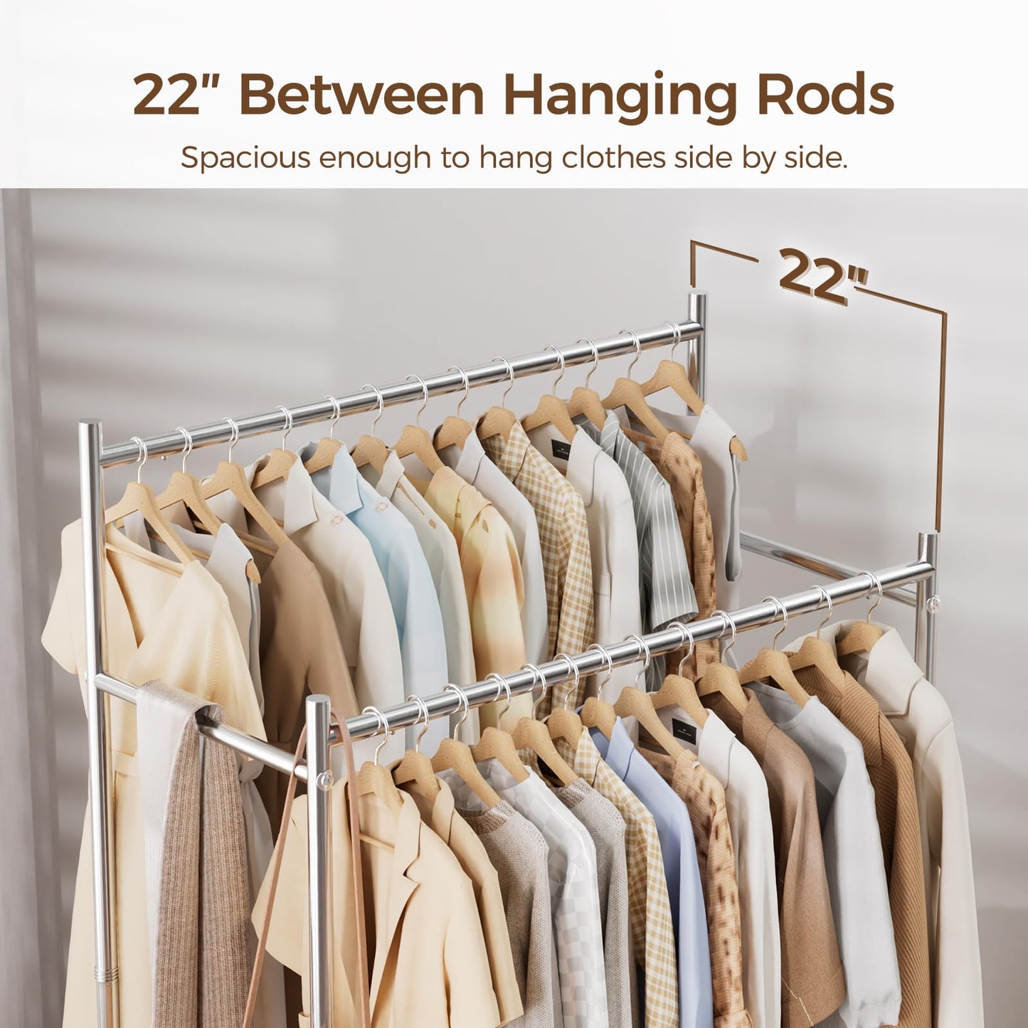 HYSEYY Clothes Rack,Double Rods Rolling Clothing Rack for Hanging Clothes load 400LBS,Portable Garment Coat Rack with Wheels Wardrobe Closet for Bedroom Laundry Room,Retail Store,Silver