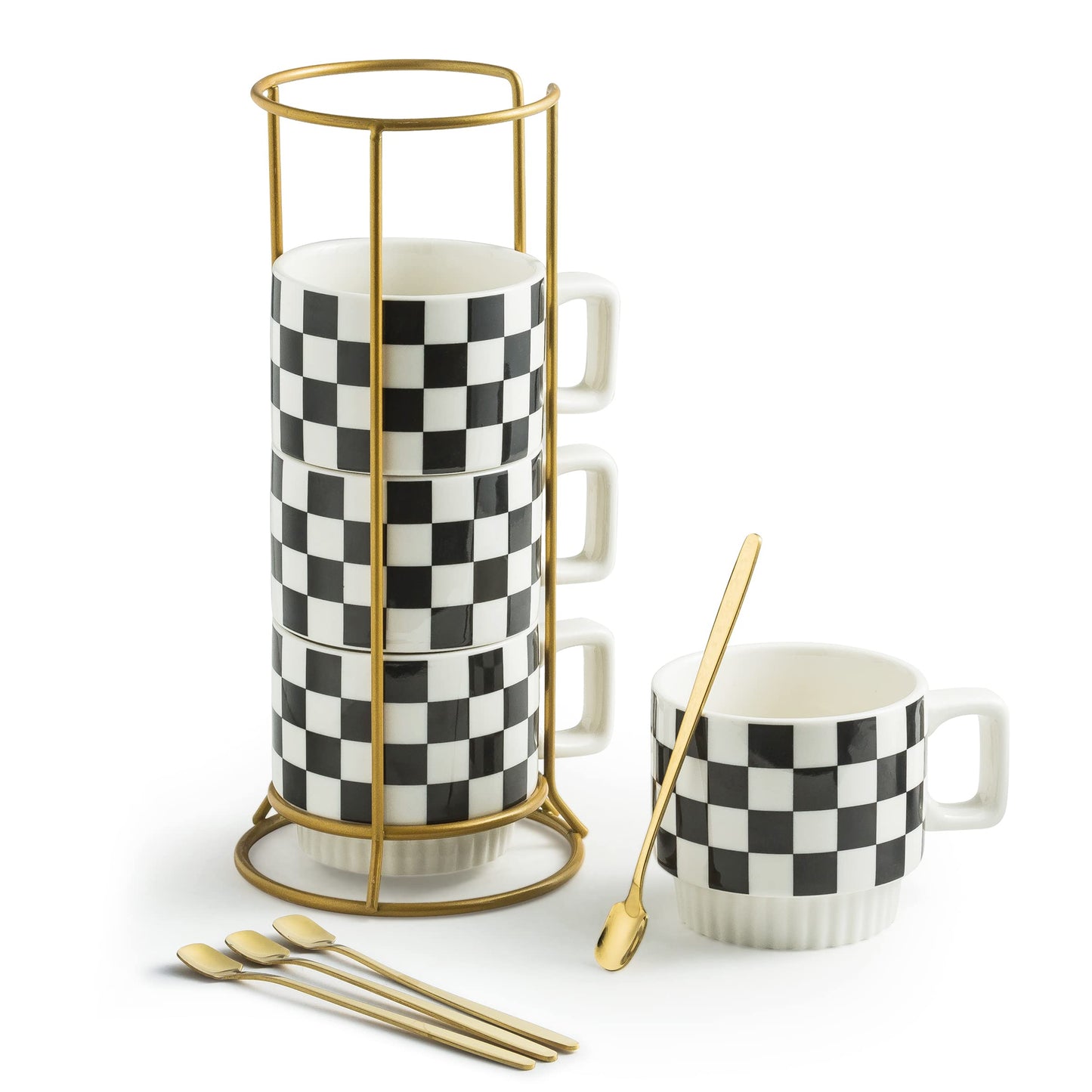 Miamolo Stackable Coffee Mug Set of 4 with Rack 11 oz Tea Cup Set with Little Spoon for Coffee Tea Cocoa Milk, Checkered Black and White Pattern Coffee Mug for Housewarming Gift