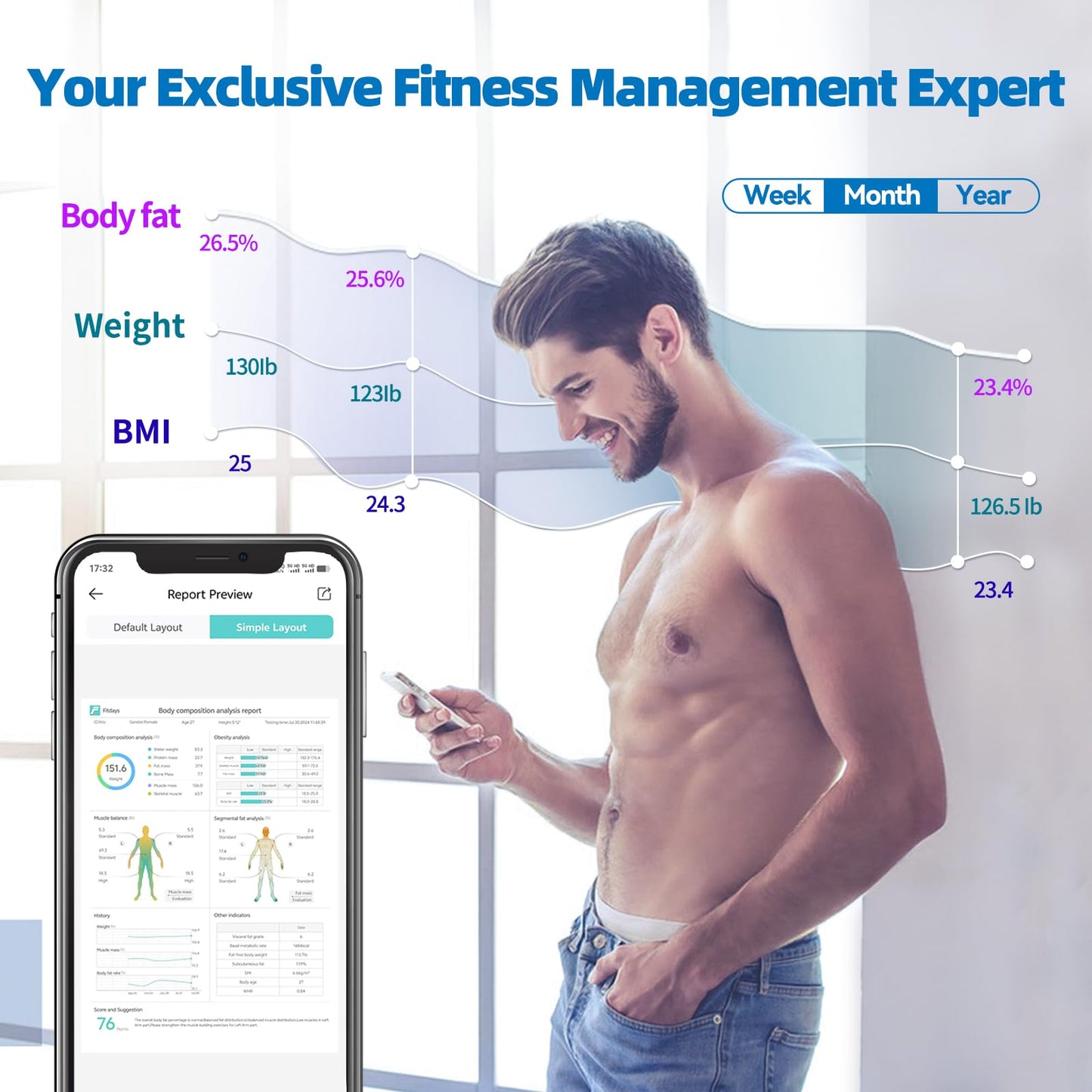 Lepulse Body Composition Scale, 8 Electrode Bathroom Smart Scale with BMI, Body Fat, Muscle Mass, Scale for Body Weight and Fat with 20 Body Fat Scale, Large Color Display and Report (Black)