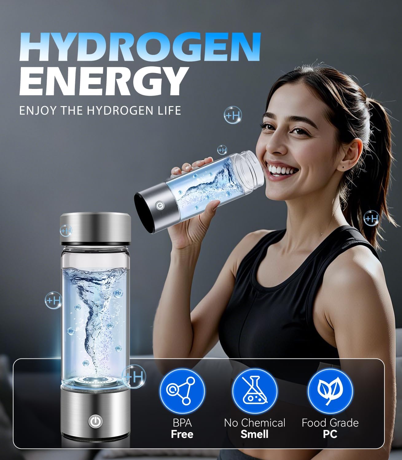 New Upgrade Hydrogen Water Bottle Generator【Industry TOP - 24-Hour Hydrogen Lock】【NO.1 Double Hydrogen Content】| 0 Chlorine & 0 Ozone | 100% Leak-Proof Seal, Sports Hydrogen Water Bottle for Gym