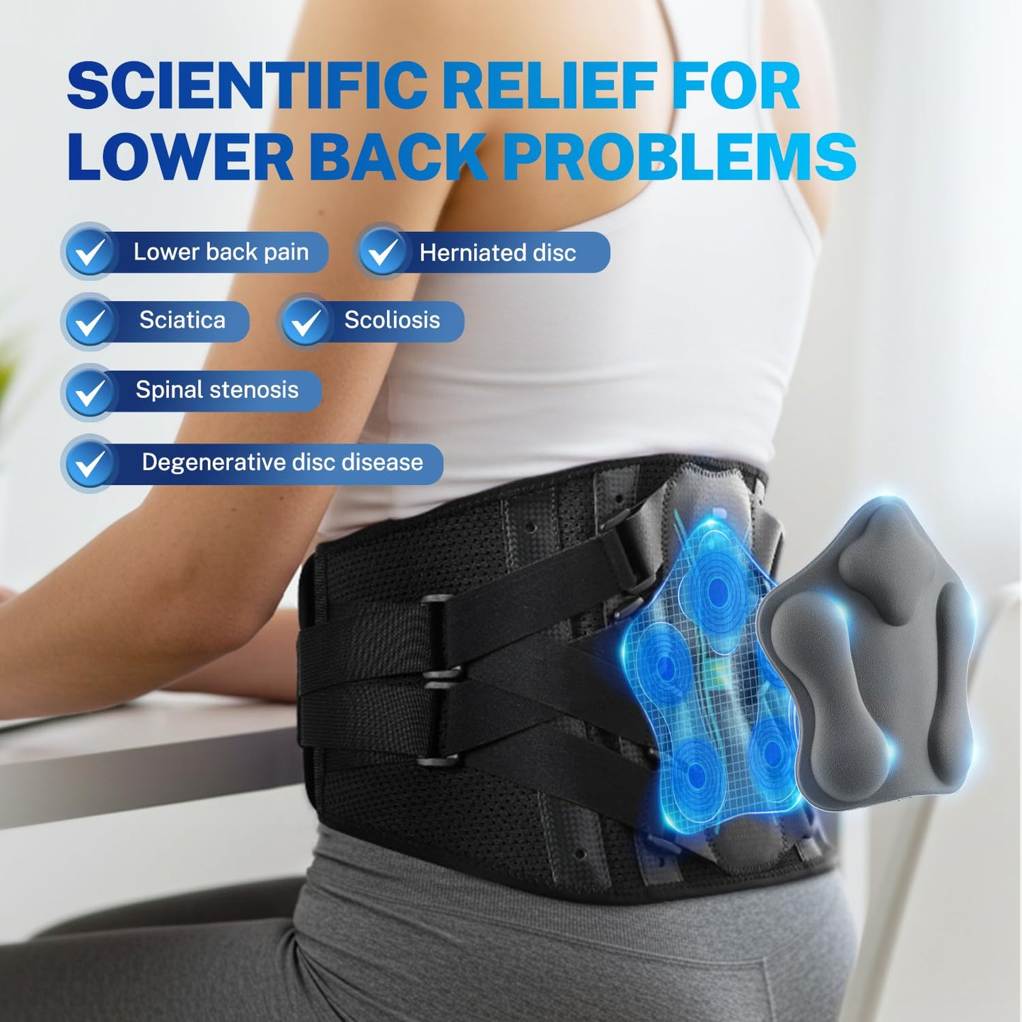 Fitomo Back Brace for Lower Back Pain Relief, Extra Lumbar Support Pillow, Lightweight Carbon Fiber Splints, Ultra-thin Mesh, Adjustable Fit, for Under Clothes, Sciatica, Posture, Lifting, Size L