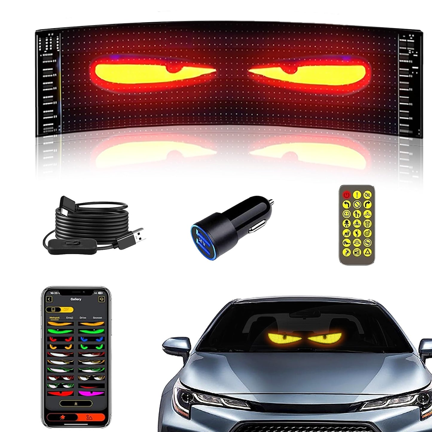 LED Sign for Car – Flexible Devil Eyes Light for Windshield, LED Digital Panel with Animations, Remote Control & Bluetooth APP for Cars, Trucks, Bars, Stores, Hotels(14.6'' * 3.6'')
