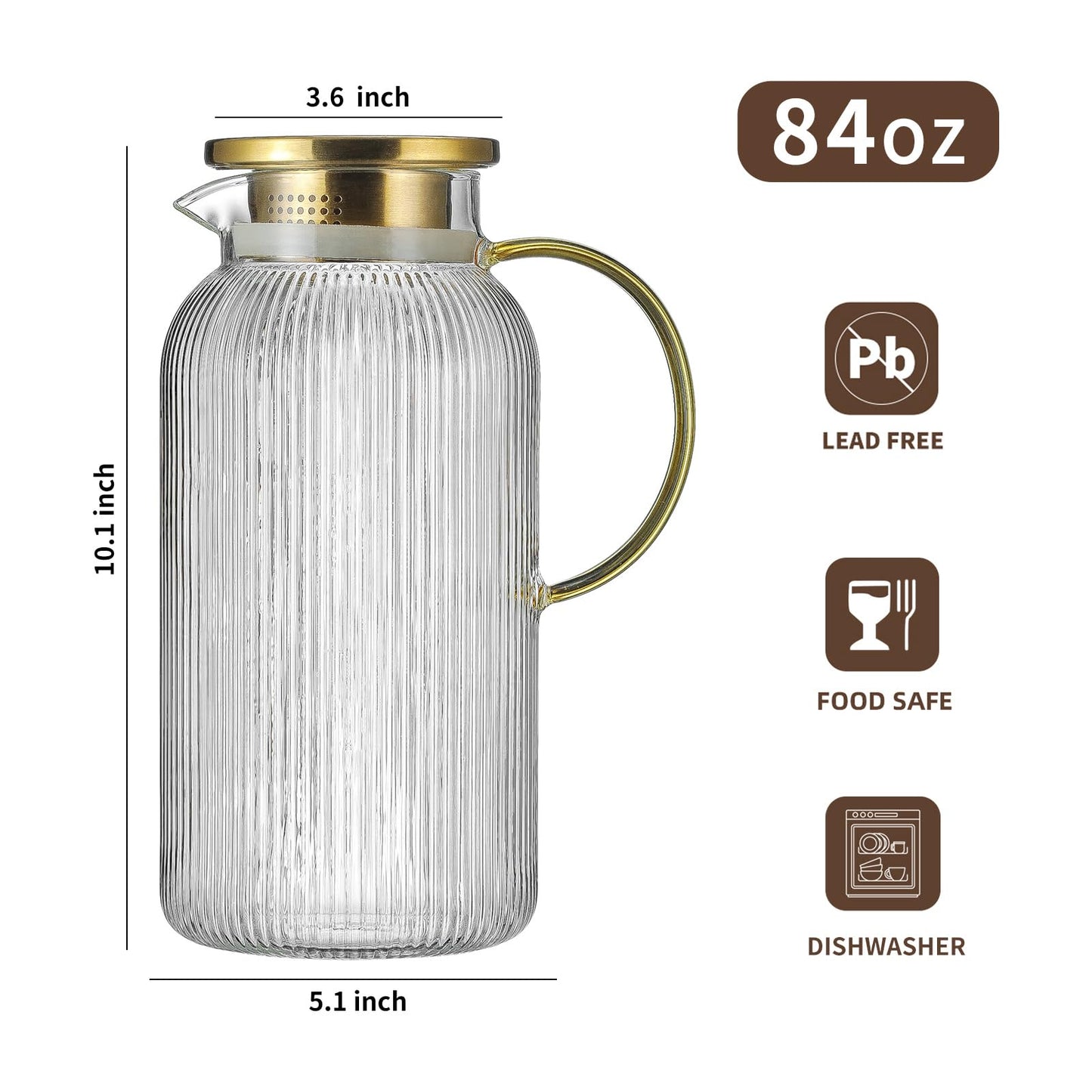 Buaic 2 PACK Glass Pitcher with Lid, 84oz/2.5L Liter Classic Vertical Stripes Water Pitcher,Glass Water Carafe for Cold Brew, Coffee, Lemonade, Iced Tea,Sun Tea, Beverage, Heat Resistant
