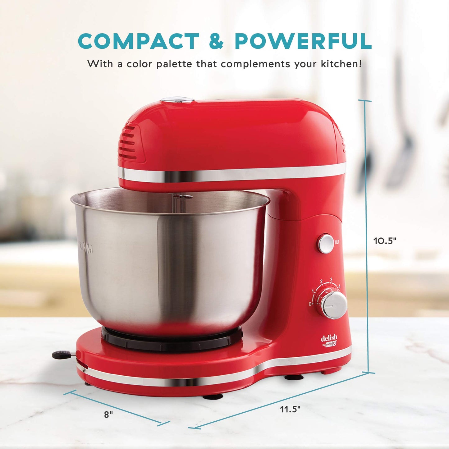 DASH Delish by DASH Compact Stand Mixer, 3.5 Quart with Beaters & Dough Hooks Included - Red