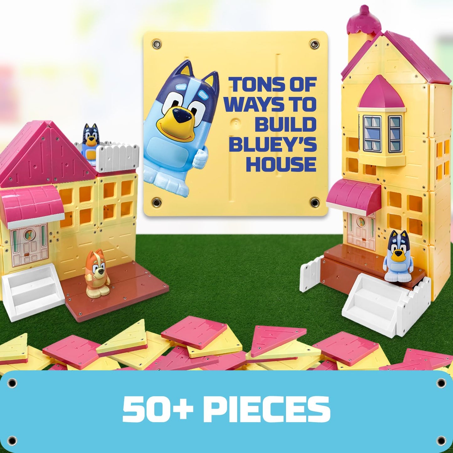 Tile Town Bluey Heeler Family Home 46-Piece Magnetic Tile Playset, Interactive STEM Magnetic Tiles Toys, Includes Bluey & Bingo Figures, Action Tiles