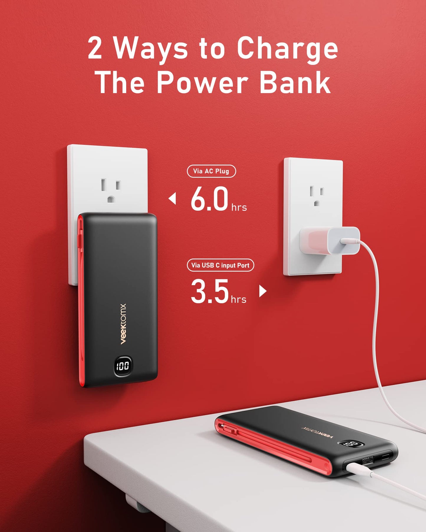 VEEKTOMX Portable Charger with Built in Cables 10000mAh, Power Bank for iPhone with AC Wall Plug, Fast Charging USB C Slim Battery Pack with LED Display Compatible with iPhone15/14/13, Samsung