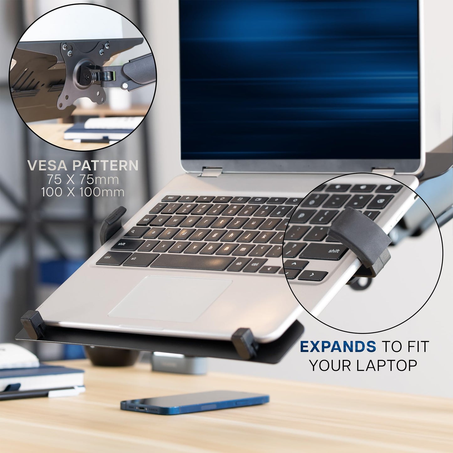 VIVO Universal Adjustable 10 to 15.6 inch Laptop Mount for Desk, Single Tension Arm VESA Notebook Stand with C-clamp and Grommet Options, Black, STAND-V001O-L