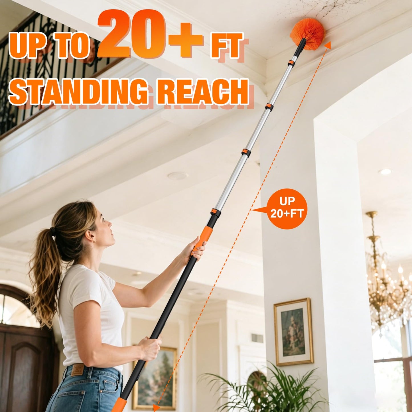 LAANPOLE 20FT Cobweb Duster with Extension Pole, Spider Web Brush for Cleaning Extendable, Professional Ceiling and Corner Dusters for Outdoor Indoor Use