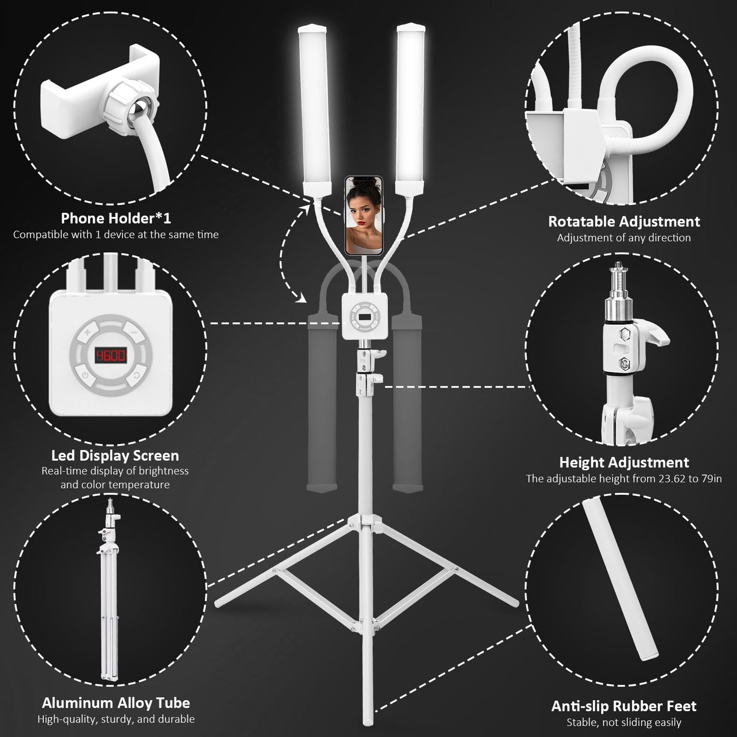Esthetician Light with Tripod Stand and Phone Holder, Floor Lamp, Lash Lamp for Eyelash Extensions, [Upgrade] Touch Switch Lash Light for Makeup, Tattoo, Photography, Selfie, Video Recording（White）