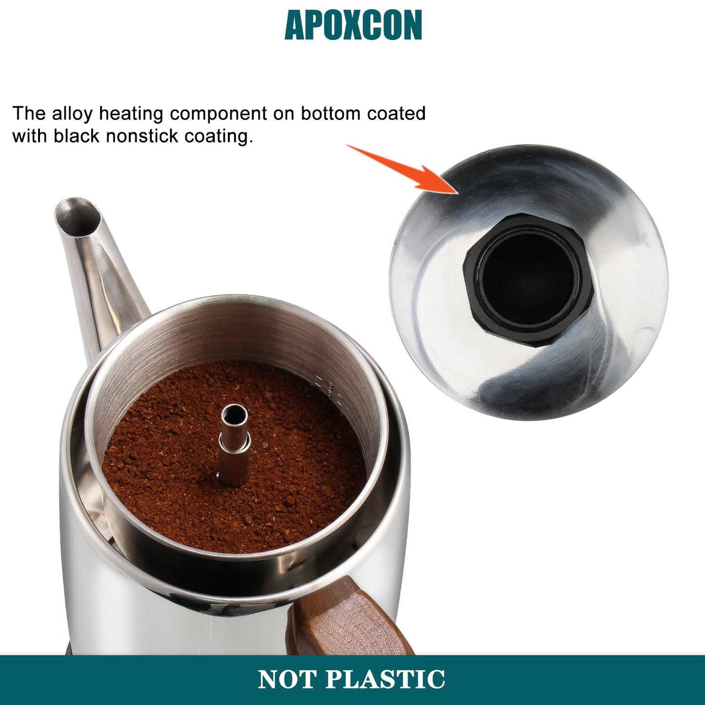 APOXCON Electric Coffee Percolator Stainless Steel Coffee Pot with Two Tough Glass Clear Brew Progress Knob & Treated Solid Wood Handle & On/OFF Switch Auto Keep Warm Cordless Serve (8 Cup)