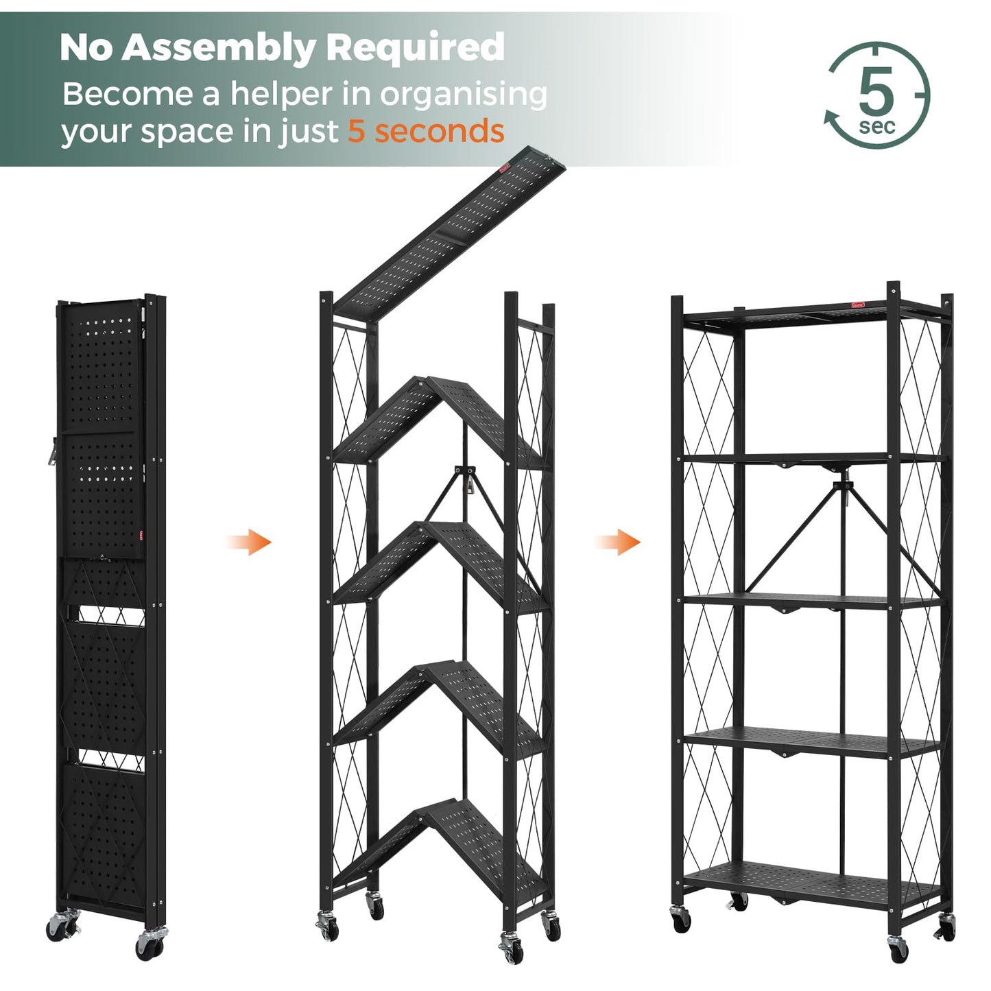 DEANIC 5-Shelf Folding Bookcase with Wheels, Rolling Bookshelf Heavy Duty Storage Shelves, Freestanding Metal Wire Shelving Unit for Living Room, Office, Kitchen, Basement, Pantry (Black)