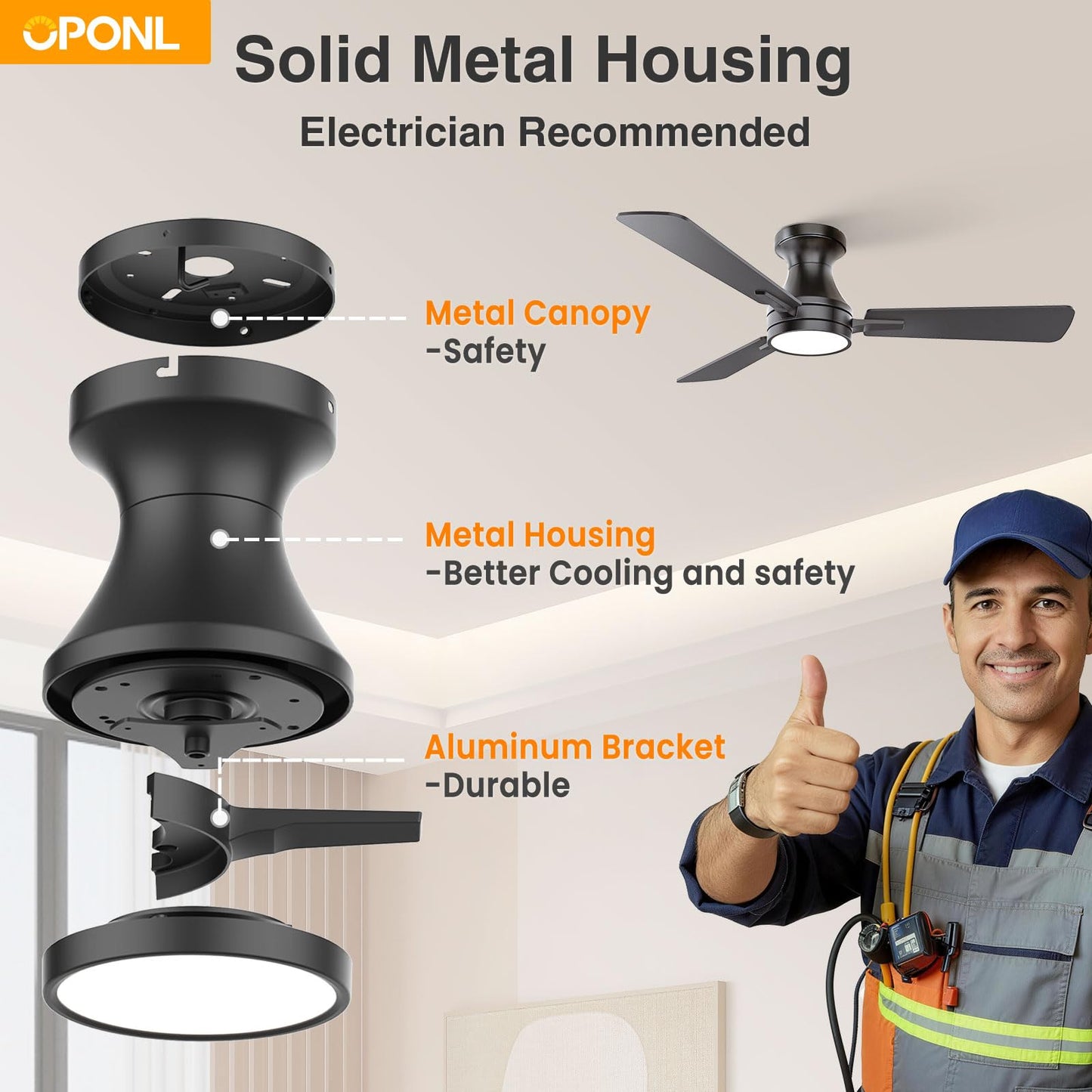 OPONL 42 Inch Black Ceiling Fan with Light, Remote Control, Noiseless, Reversible, 6CCT, Dimmable, Timeable, Metal Housing, Flush Mount Ceiling Fans with Lights for Bedroom, Indoor/Outdoor Use