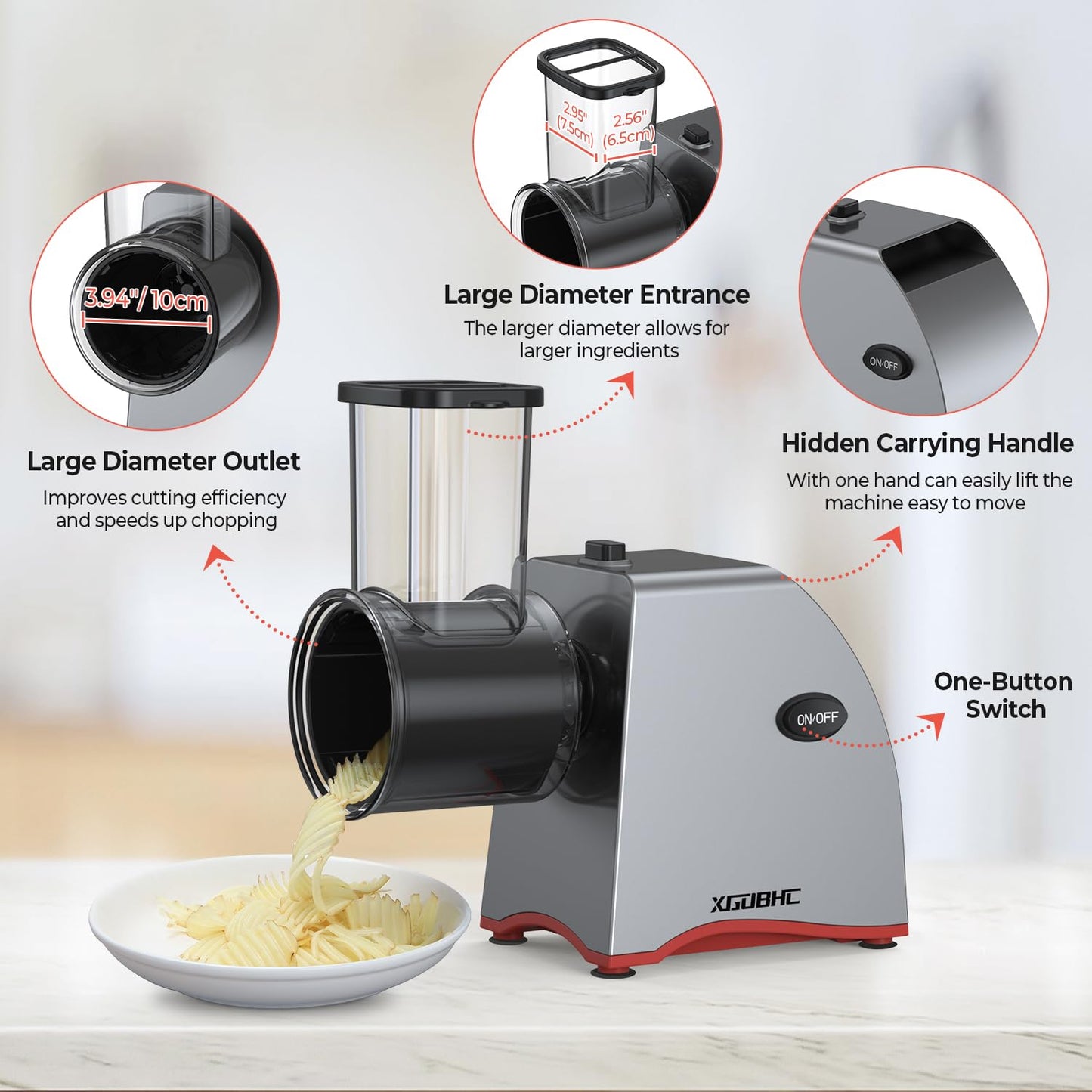 Electric Cheese Grater, Upgraded Salad Maker with 6 Replaceable Stainless Blades, 250W Electric Cheese Shredder, Multi-Function Kitchen Slicer Ice Shaver for Cheeses, Fruits, Vegetables, Nuts, Ice