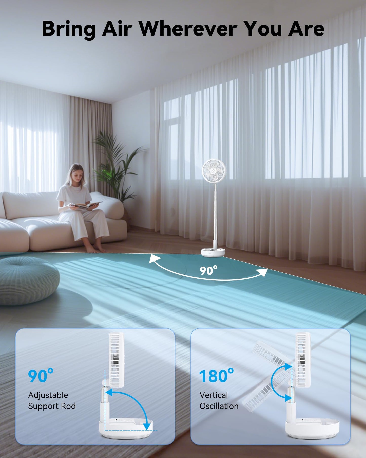 Primelove Portable Oscillating Travel Fan, 10400mAh Battery Operated Rechargeable USB Floor Table Desk Fan with Remote, 4 Speed Settings Pedestal Fan for Home Bedroom Office Camping, White,8"