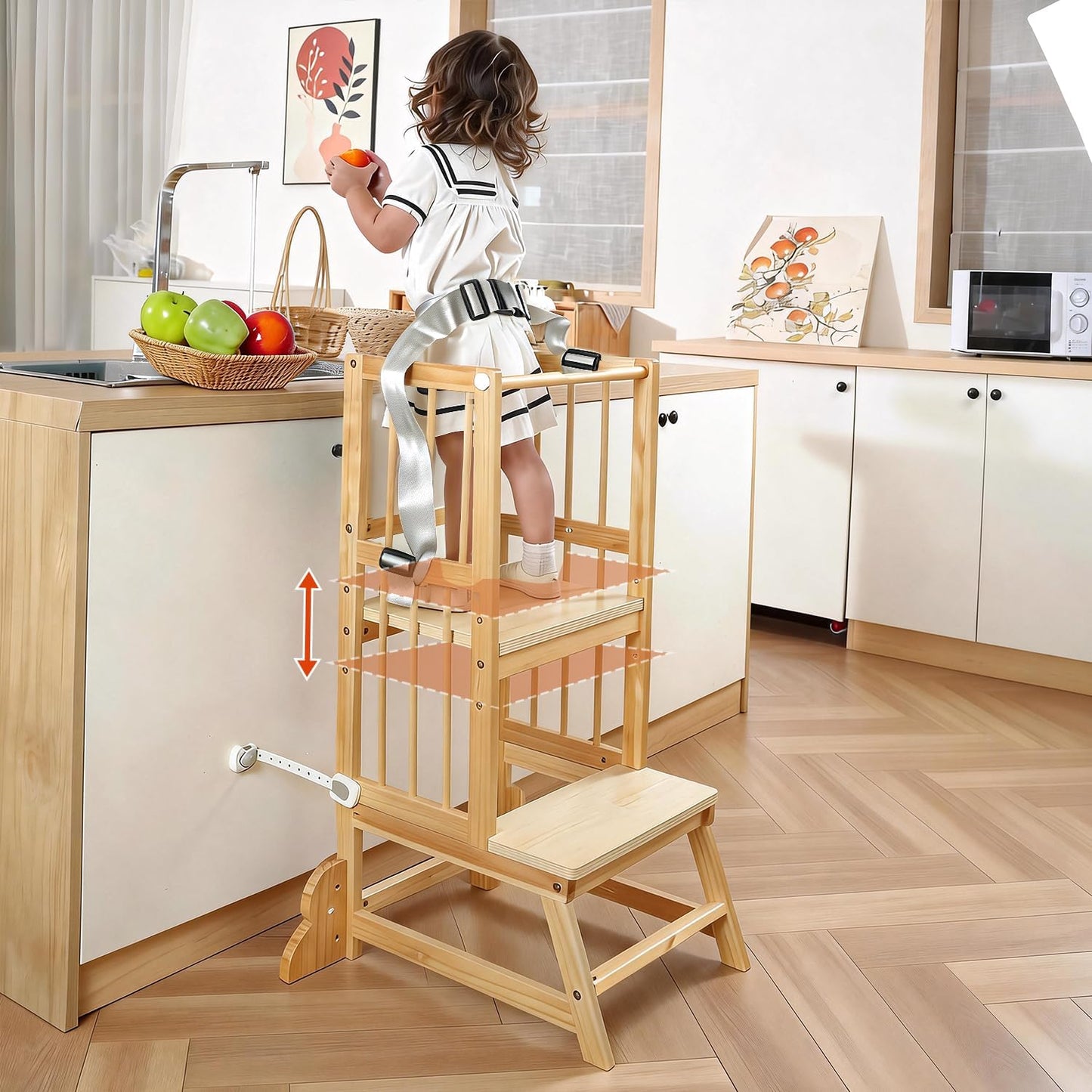 Toddler Step Stool, Kitchen Tower for Toddlers, Adjustable Height Children's Wooden Kitchen Stool, Kids Tower for Learning with Removable Safety Railing, Ages 18 Month to 3 Years(Wood)