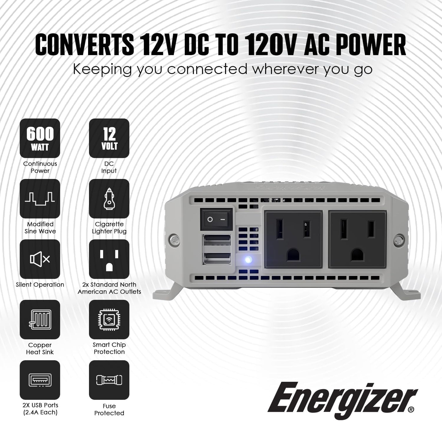 Energizer 600 Watt 12V DC to 110V AC Car Power Inverter, Modified Sine Wave, 2 Outlets, 2 USB Ports, Cigarette Lighter Plug & Clamps - ETL Approved Under UL STD 458