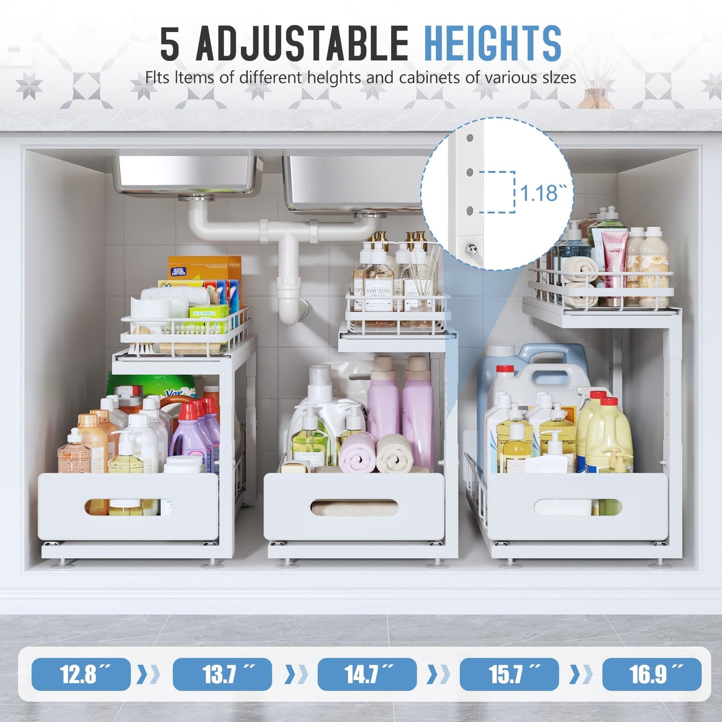 Biboraya Under Sink Organizer Upgrade To Professional Rails,2-Tier Dual Pull Out Cabinet Storage,Height Adjustable Slide Out Drawers For Bathroom Kitchen,2 Pack-18.5"Dx12.8"-16.9"H,White