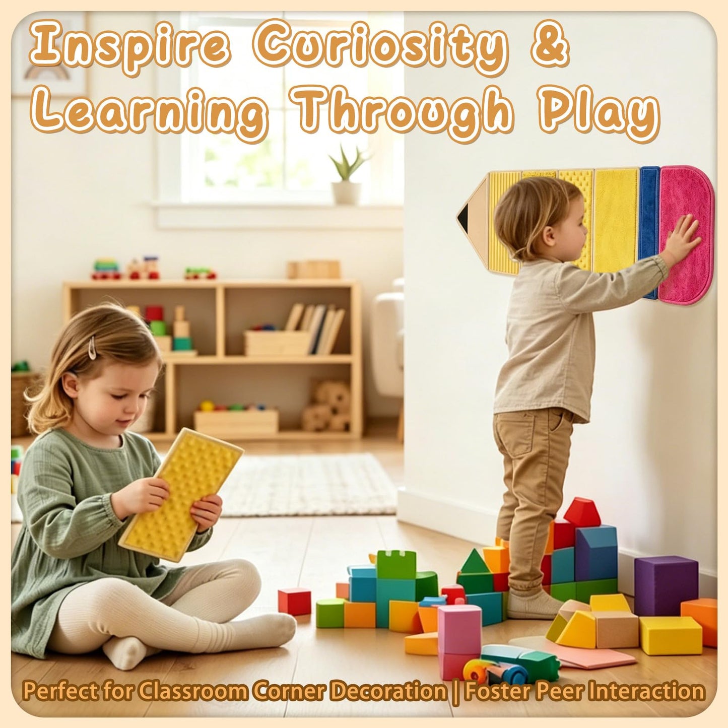Pencil Sensory Wall Panel for Kids with Autism 6 Textured Quiet Montessori Toys Sensory Mats for Toddler Tactile Busy Board for Classroom Daycare Nursery Preschool Playroom