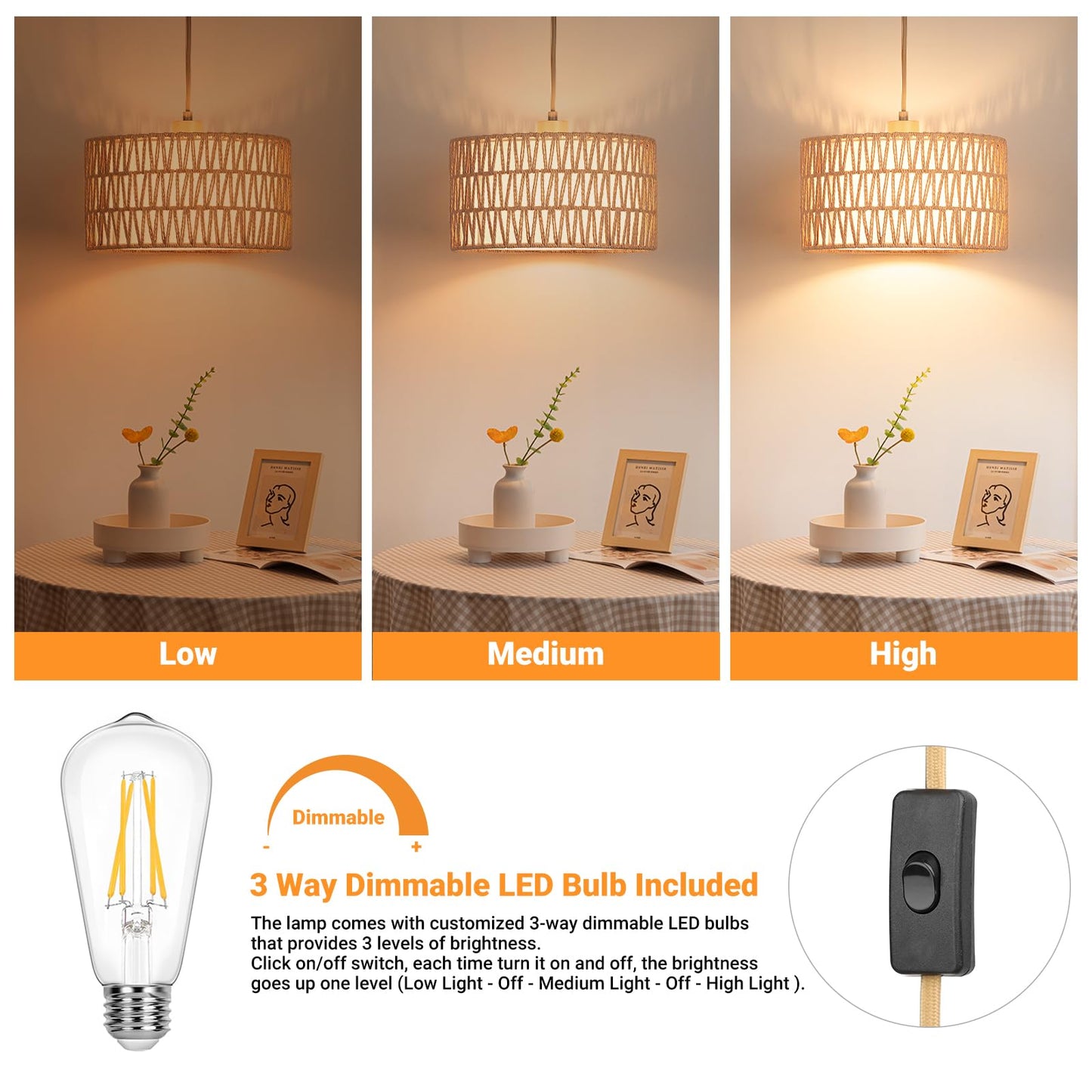 Plug in Pendant Light Rattan Hanging Lamp, Boho Hanging Lights with Paper Woven & Fabric 2 in 1 Shade, 3-Way Dimmable Bulb Included, Ceiling Light Fixture for Living Room,Bedroom,Farmhouse