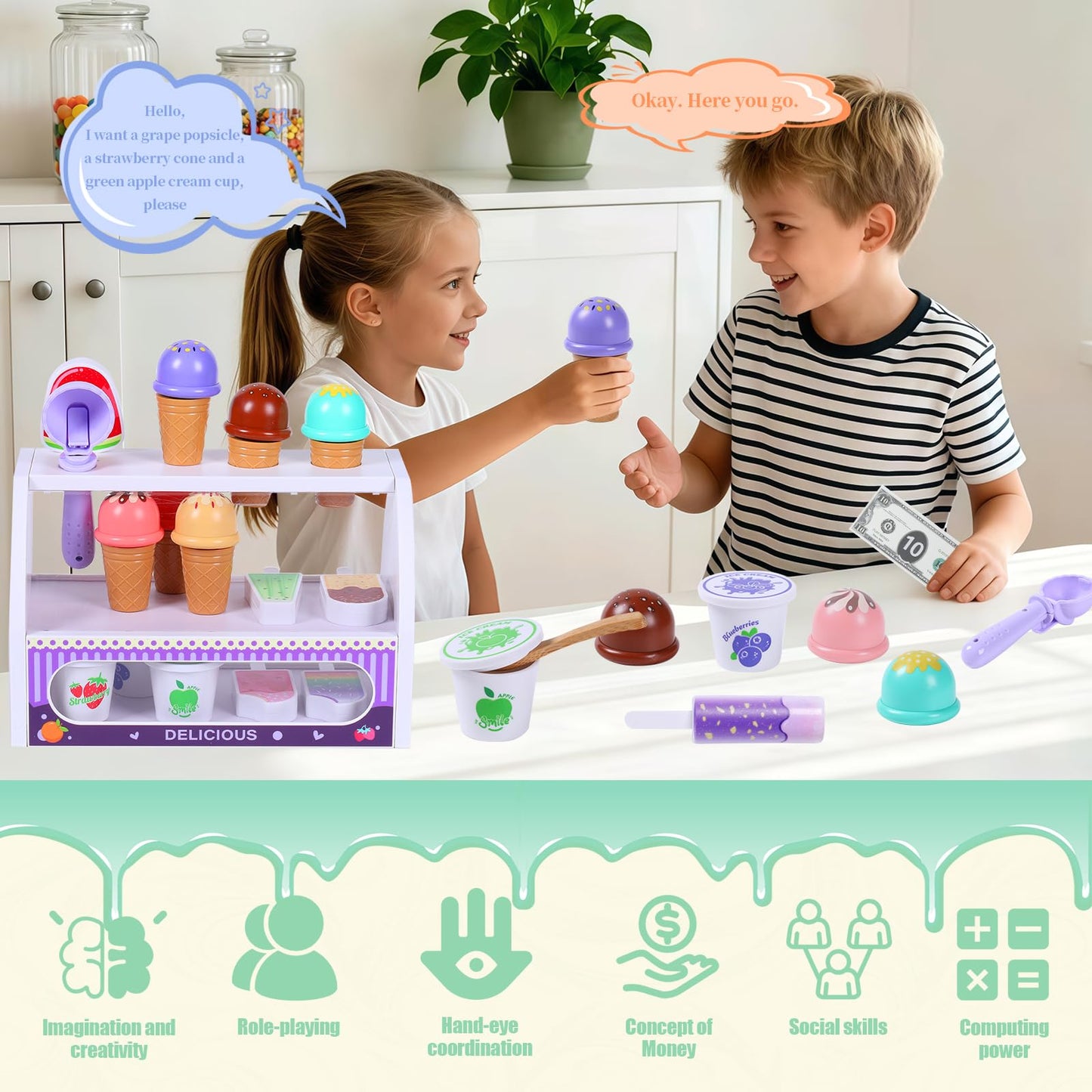 FENYAN - Ice Cream Set, Play Tent for Kids Ages 3-5, Assorted Flavors, Ice Cream Shop with Menu and Fake Money, Preschool Ice Cream Toys for Kids Age 3-8, Gift from