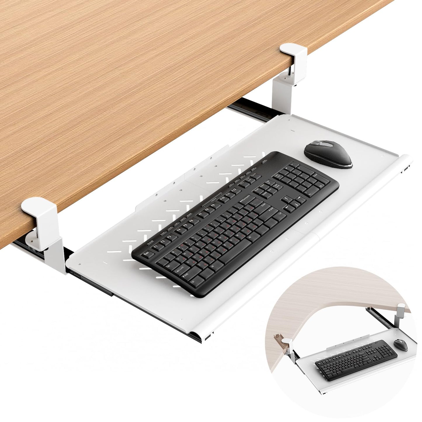 Strifuture Keyboard Tray Under Desk - Full Metal Slide Out Holder, Rust-Resistant & Scratch-Proof, Double C-Clamps, 26x13" Tray for L Shape/Regular Desks, Standing/Sitting Workstation(White-A)
