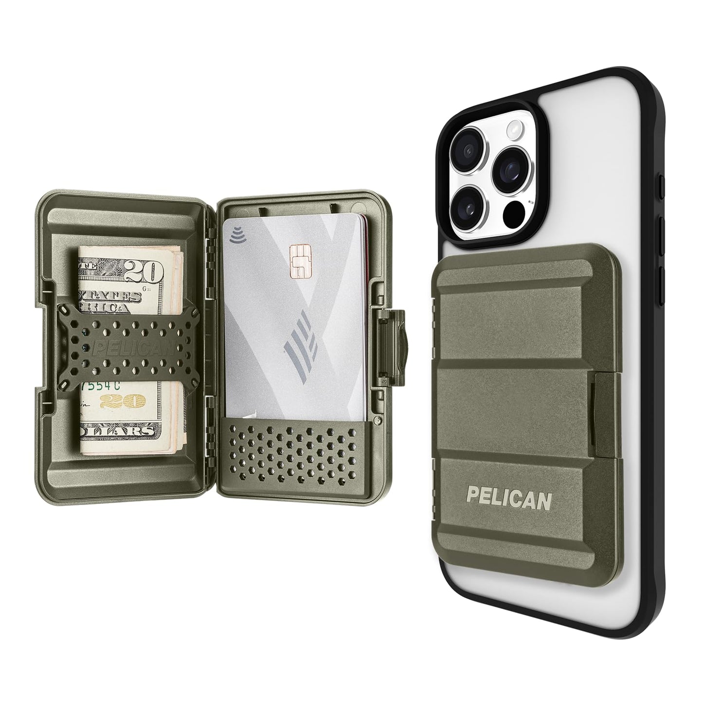 Pelican MagSafe Wallet for iPhone - Heavy Duty MIL-STD Snap-On Phone Magnetic Wallet and Phone Card Holder - Detachable and Slim Hard Case for iPhone 16 Pro Max /15 Pro Max/14/13/12 Series - OD Green
