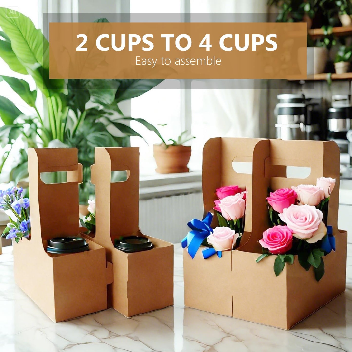 BKISVWCSop 100 Pack 2-Cup/4-Cup Drink Carrier with Handle (12-30oz) | Disposable Paperboard Cup Holder | Foldable Beverage Tray for Hot/Cold Drinks, Coffee to Go, Delivery & Takeout