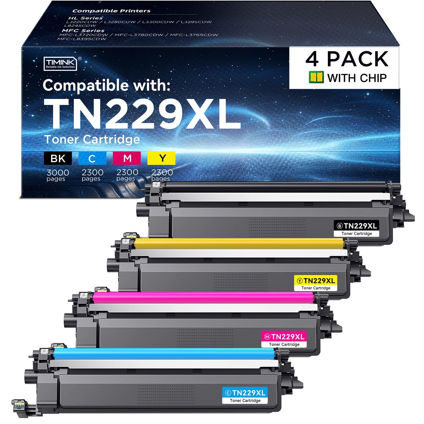 TN229XL TN229 Toner Cartridge Replacement for Brother TN229 XL TN 229XL TN-229XL Toner Work with Brother HL-L3220CDW MFC-L3720CDW HL-L3280CDW HL-L3300CDW MFC-L3780CDW Printer (TN229XLBK/C/M/Y-4 Pack)