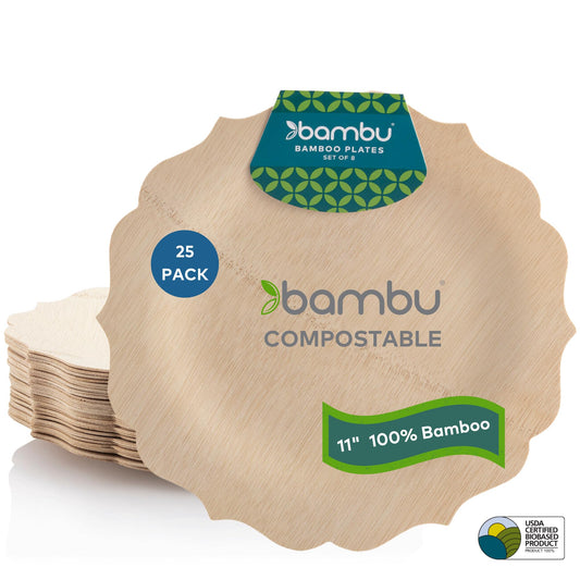 Bambu Pack of 25-11 Inch Disposable Bamboo Plates Fancy, Biodegradable Eco Friendly Products, Bamboo Disposable Plates for Party, Weddings, and Events, Great For Any Occasion, Compostable Plates