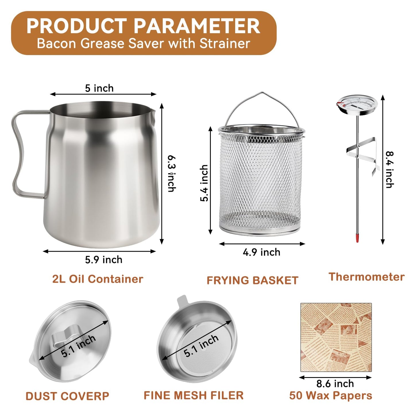 2L Oil Filter Pot Bacon Grease Saver with Strainer, 68oz Steel Pour Fryer Large Capacity Bacon Grease Container with Cooking Thermometer & 50 Wax Papers Stainless Steel for Kitchen Camping