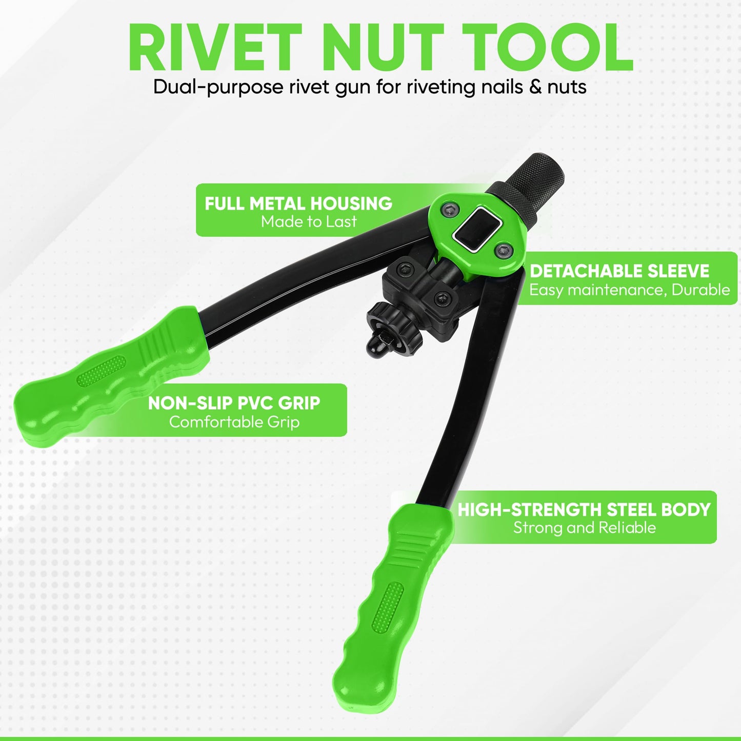 ZNBOLT Dual Function Hand Rivet Gun with Rugged Carrying Case – Heavy Duty Single Hand Riveter with 400+ pcs Rivet Nuts, 15 Mandrels, 5 Rivet Nozzles, Blind Rivets for Plastic, Wood, Metal, Leather