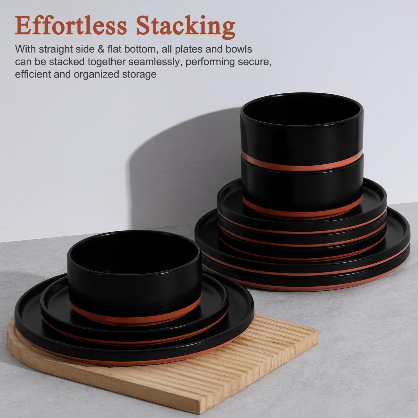LIANYU 12 Pieces Porcelain Dinnerware Sets, Premium Plates and Bowls Set, High-Fired Ceramic Dishes Set for 4, Chip & Scratch Resistant, Microwave Dishwasher Safe, Charcoal Black