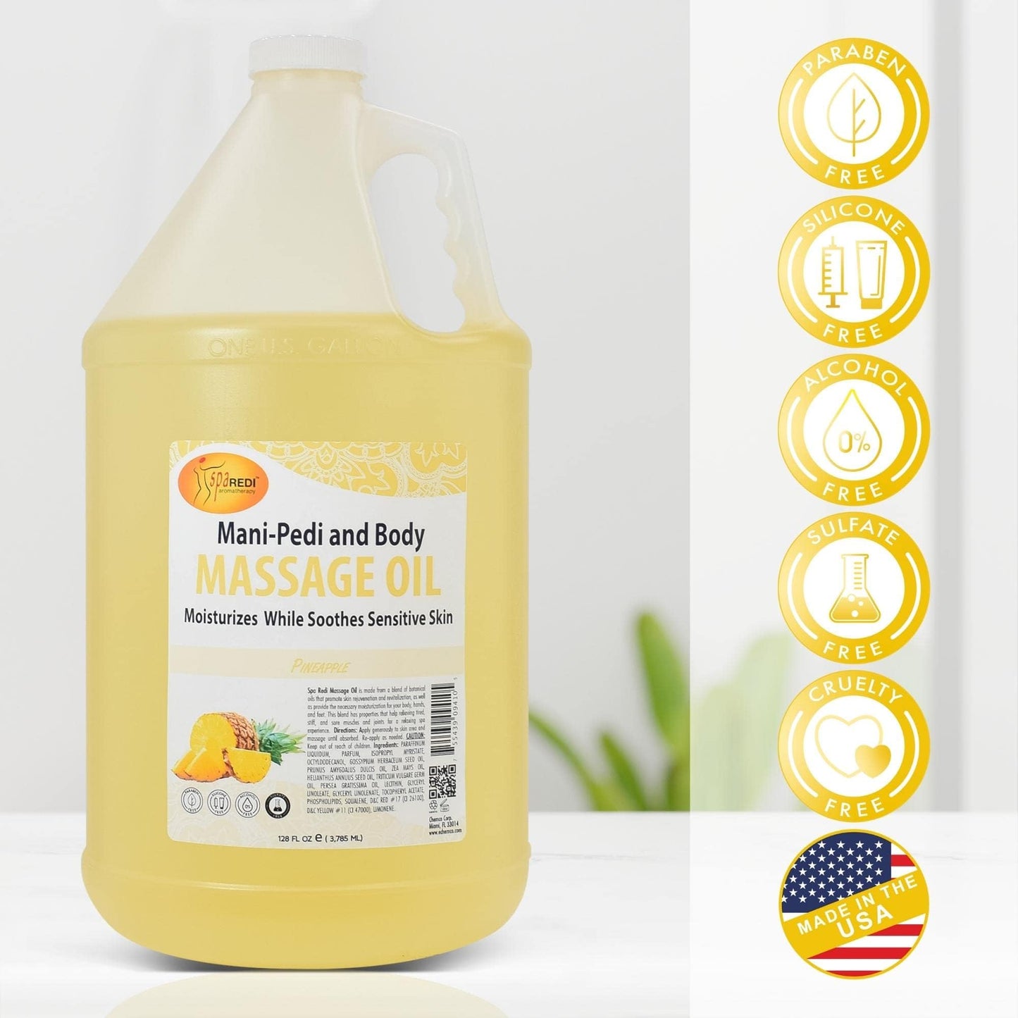 SPA REDI - Massage Oil, Pineapple, 128 Oz - Professional Pedicure, Manicure, Full Body Massage Therapy, Made with Almond Oil, Cotton Seed Oil, Sunflower Oil, Avocado Oil, Essential Oils, Vitamin E