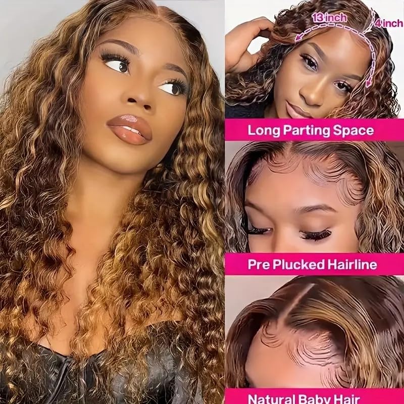 NKTU 4/27 Deep Wave Lace Front Wigs Human Hair Honey Blonde Highlight Ombre Wigs Human Hair for Women 13x4 HD Transparent Lace Frontal Wigs Pre Plucked with Baby Hair 200 Density 26 Inch