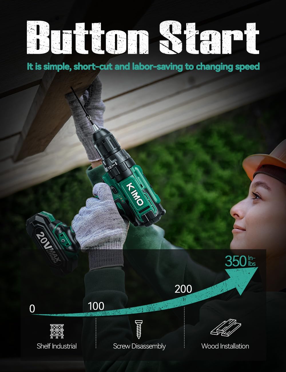 KIMO 20V Cordless Drill Set with 2 Packs 2.0Ah Battery, Max 350 In-lb Torque, 1350 RPM, 3/8" Keyless Chuck, 18+2 Clutch Setting, 18pcs Accessories, Power Drill for Drilling Wood Bricks Walls Metal