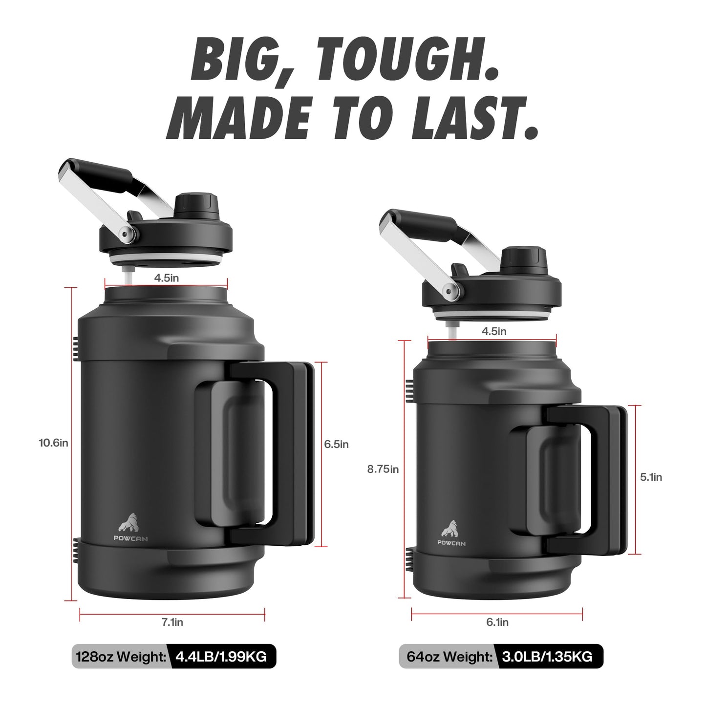 64 oz Insulated Water Bottle for Gym: 2-in-1 Straw Spout Lid, Dual Handle, Leakproof, Keep Cold 36H, Half Gallon Stainless Steel Water Jug for Travel, Hiking, Cycling, Park, Workout, Picnic (Midnight)