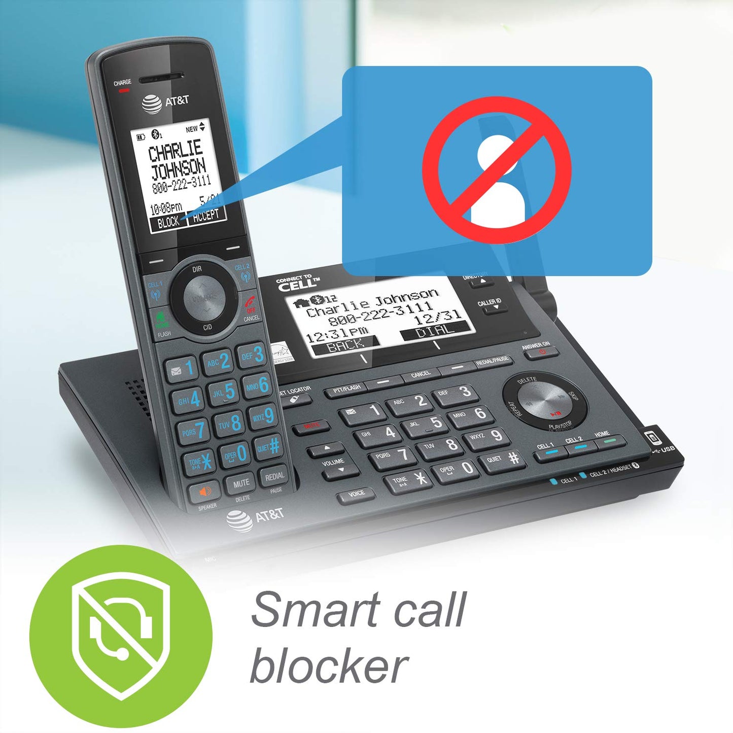 AT&T CLP99387 DECT 6.0 Expandable Cordless Phone with Bluetooth Connect to Cell, Smart Call Blocker and Answering System, Metallic Blue with 3 Handsets