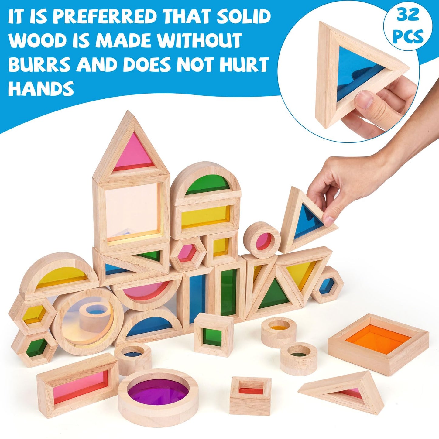 Wooden Rainbow Building Blocks for Kids 32 Pcs Rainbow Stacker Stacking Blocks Game Colorful Construction Toys Preschool Learning Educational Toys -Geometry Wooden Blocks for Boys & Girls