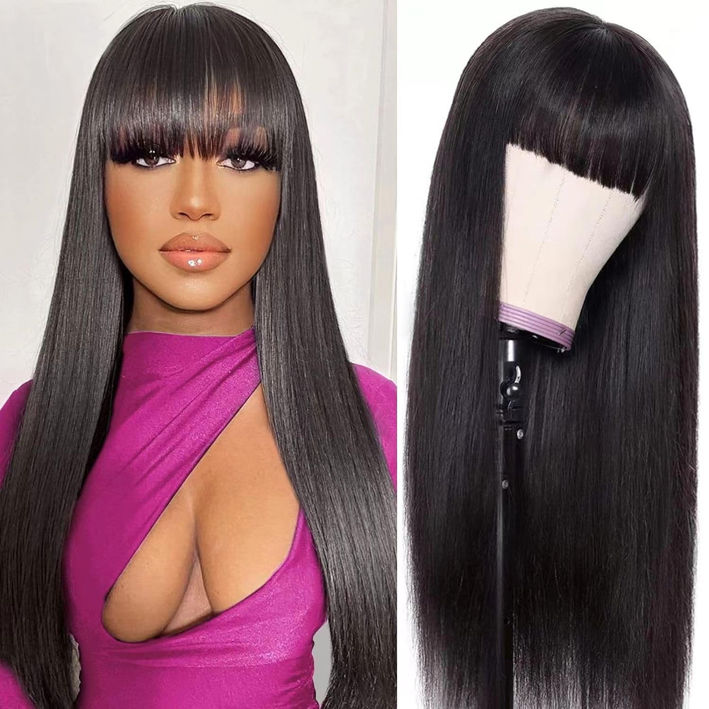Tamnnee Glueless Wigs Human Hair with Bangs Straight Human Hair Wig with Bangs 150% Density 1x3inch Bleached Knots Lace Front Wigs for Black Women 18inch