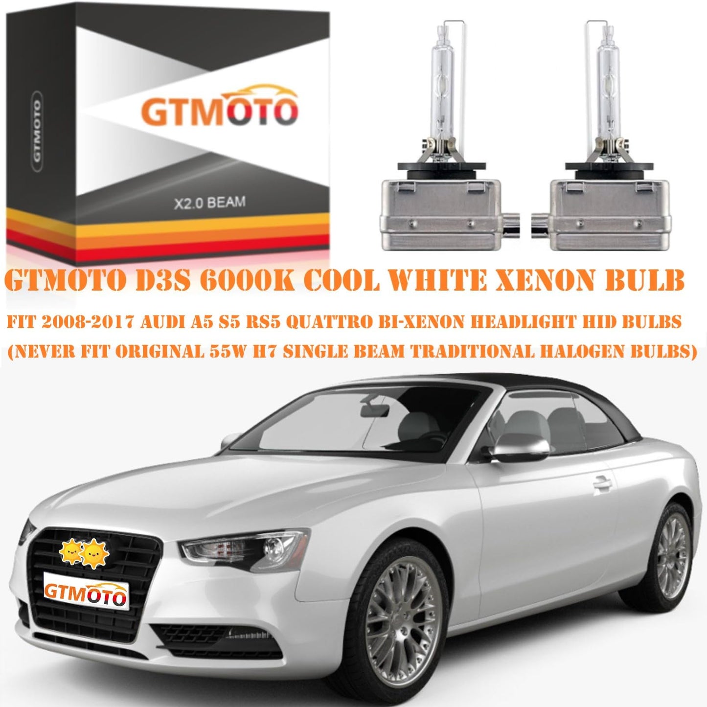 GTMOTO for 2008 2009 2010 2011 2012 2013 2014 2015 2016 2017 Audi Q5 A5 Headlights D3S Xenon HID Bulb, S5 SQ5 Quattro Adaptive Headlamp 35W OEM D3SC1, 6000K White Bi-xenon Projector Light, 2-Pack