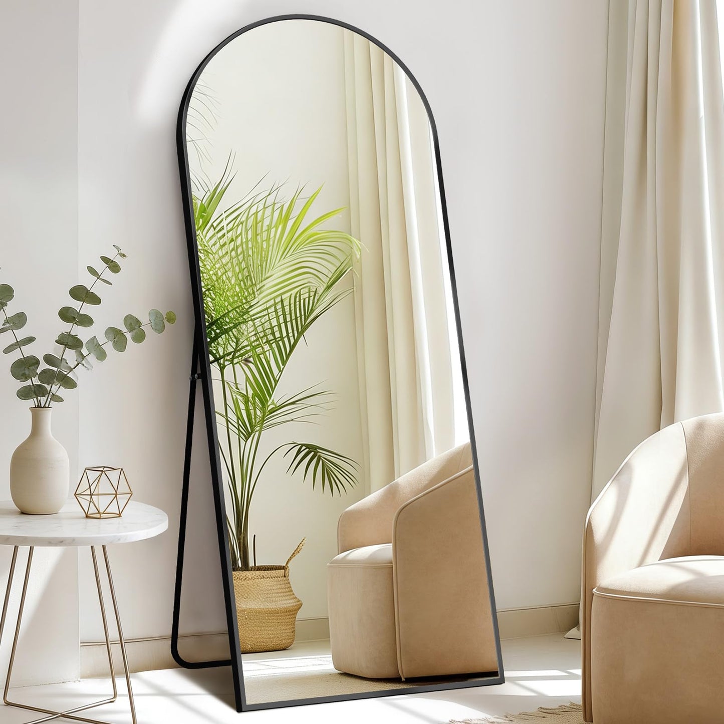 DUMOS Arched Full Length Mirror, 56"x21" Full Body Floor Standing Mirror with Aluminum Frame and Shatter Proorf Nano Glass, Modern Wall Hanging Leaning for Living Room, Home Decor, Black