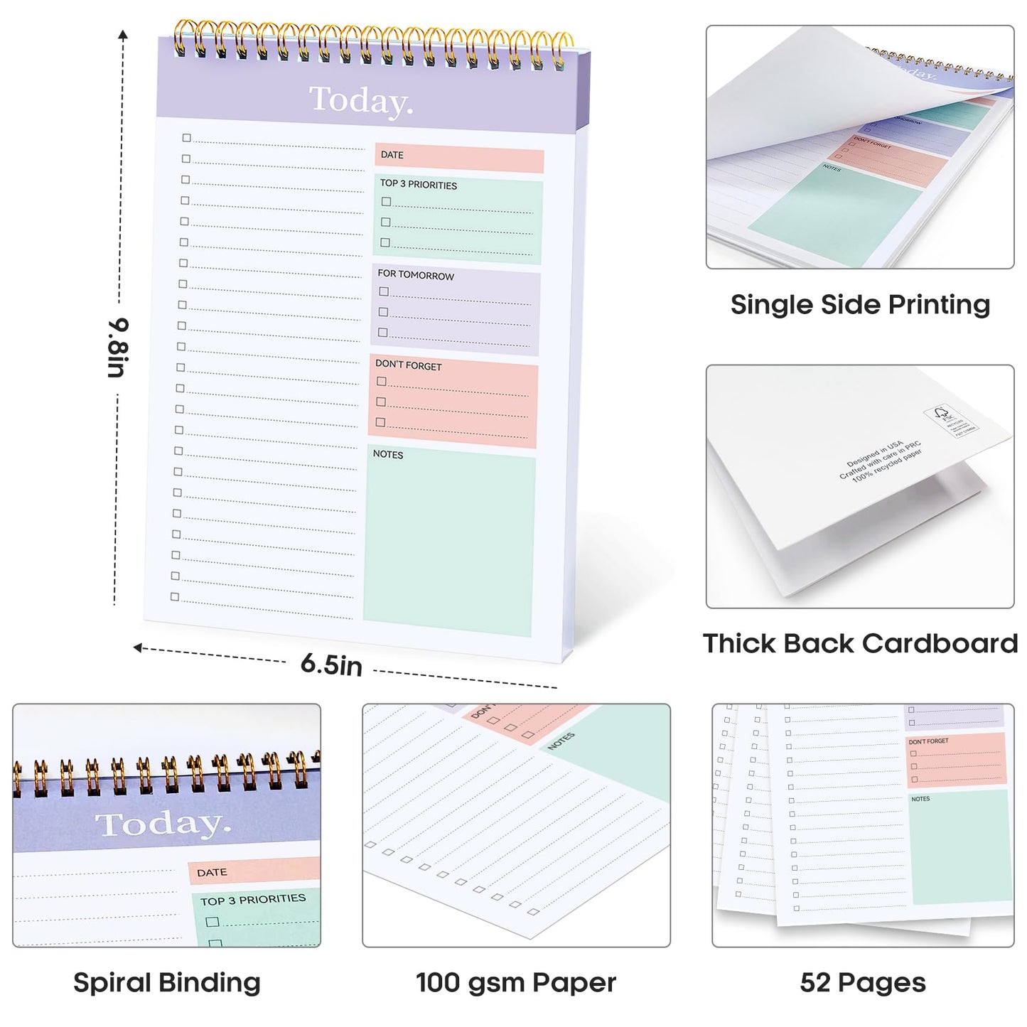 Taja 6 Pack of To Do List Notepad - To Do List Notebook for Work with 52 Sheets, 9.8" x 6.5", Undated Daily Planner Perfect for Daily Tasks and Goal Setting, Notepad Suitable for Office, Home & School - Violet Dream