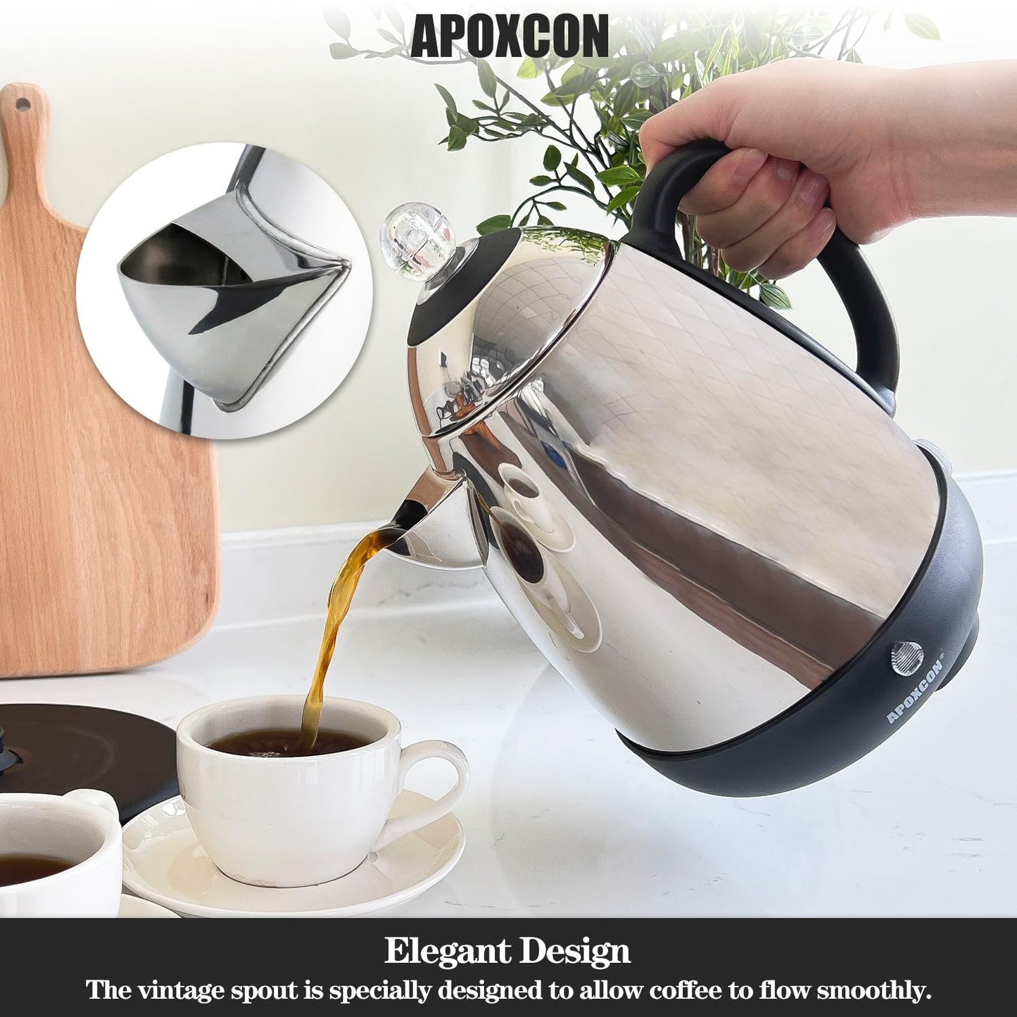APOXCON Electric Coffee Percolator, Stainless Steel, with Clear Brew Progress Knob, No-Drip Spout, Auto Keep Warm, Cordless Serving, 10 Cup, Silver