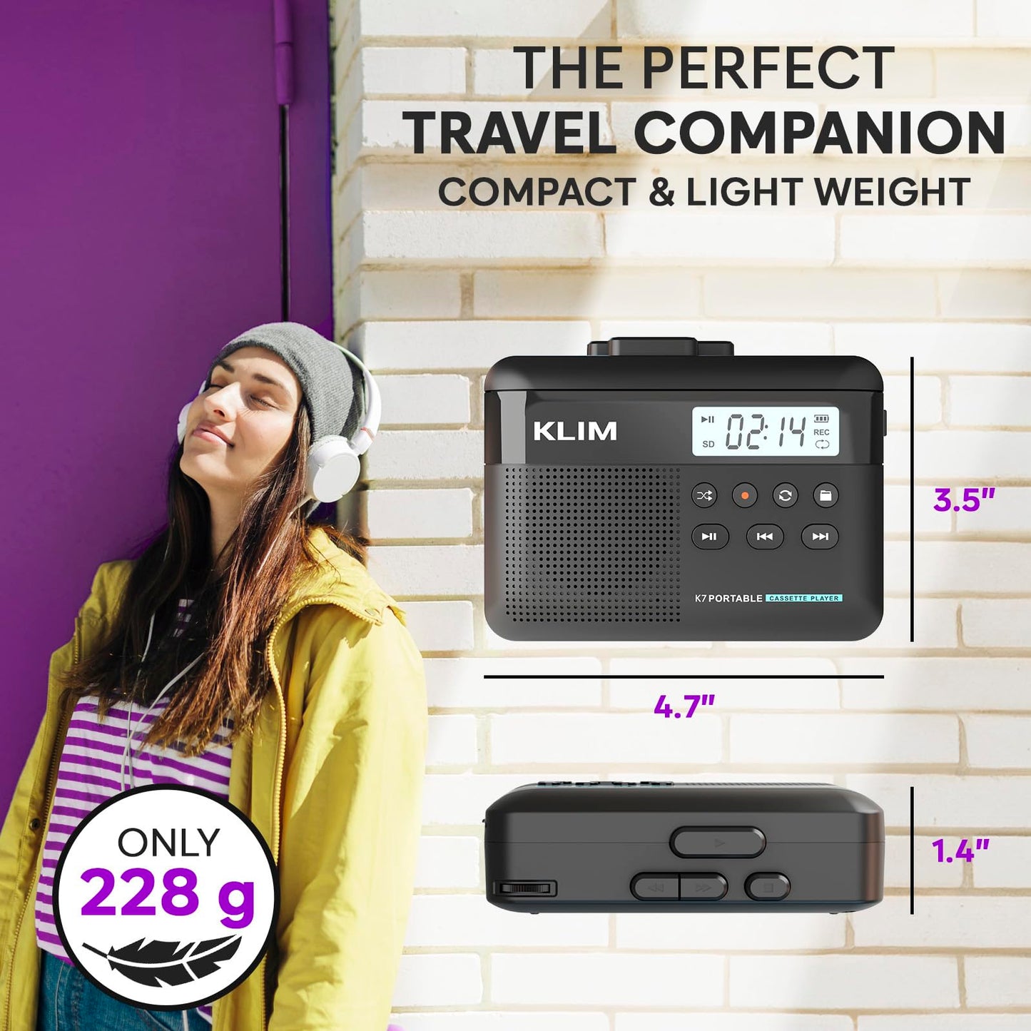 KLIM K7 Cassette Tape Player + Cassette to MP3 Converter + Portable Cassette Player + Walkman Cassette Player + Built-in Microphone & Speaker + Rechargeable Battery + Earphones + 16GB SD Card